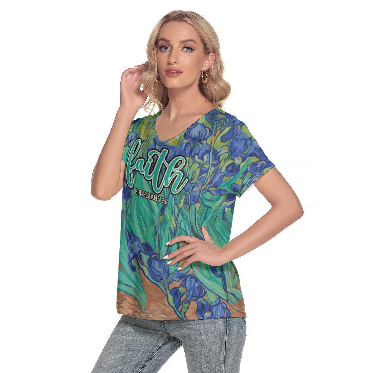 Faith Ephesians Women's V-Neck Short Sleeve T-Shirt - Stylish & Comfortable