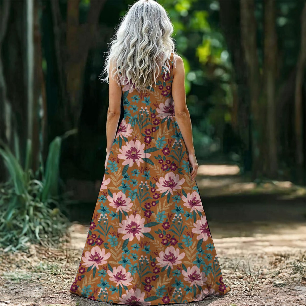 "Blessed Matthew 5:4" Pink Floral Sleeveless Maxi Dress for Women, Lightweight 140G Polyester Fabric, Tropical Leaf Print
