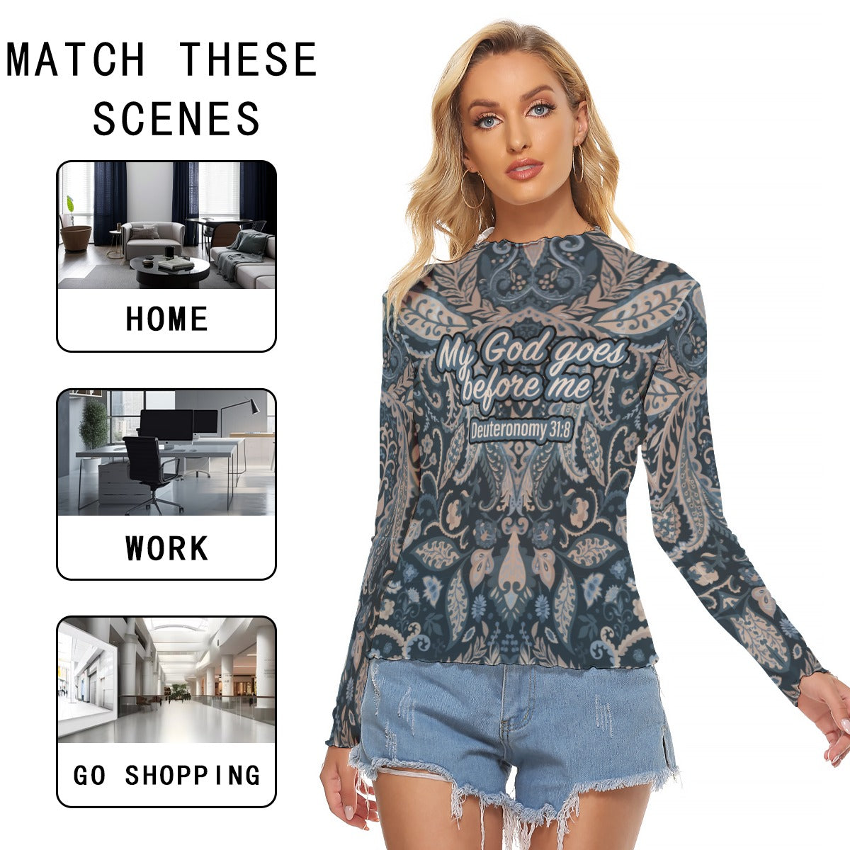 Blue Paisley Print Women's Mesh T-shirt "My God goes before me"