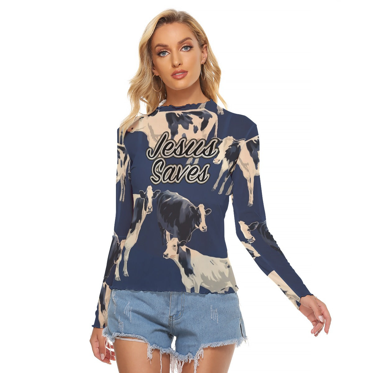 "Jesus Saves" Blue Cow Print Women's Mesh T-shirt