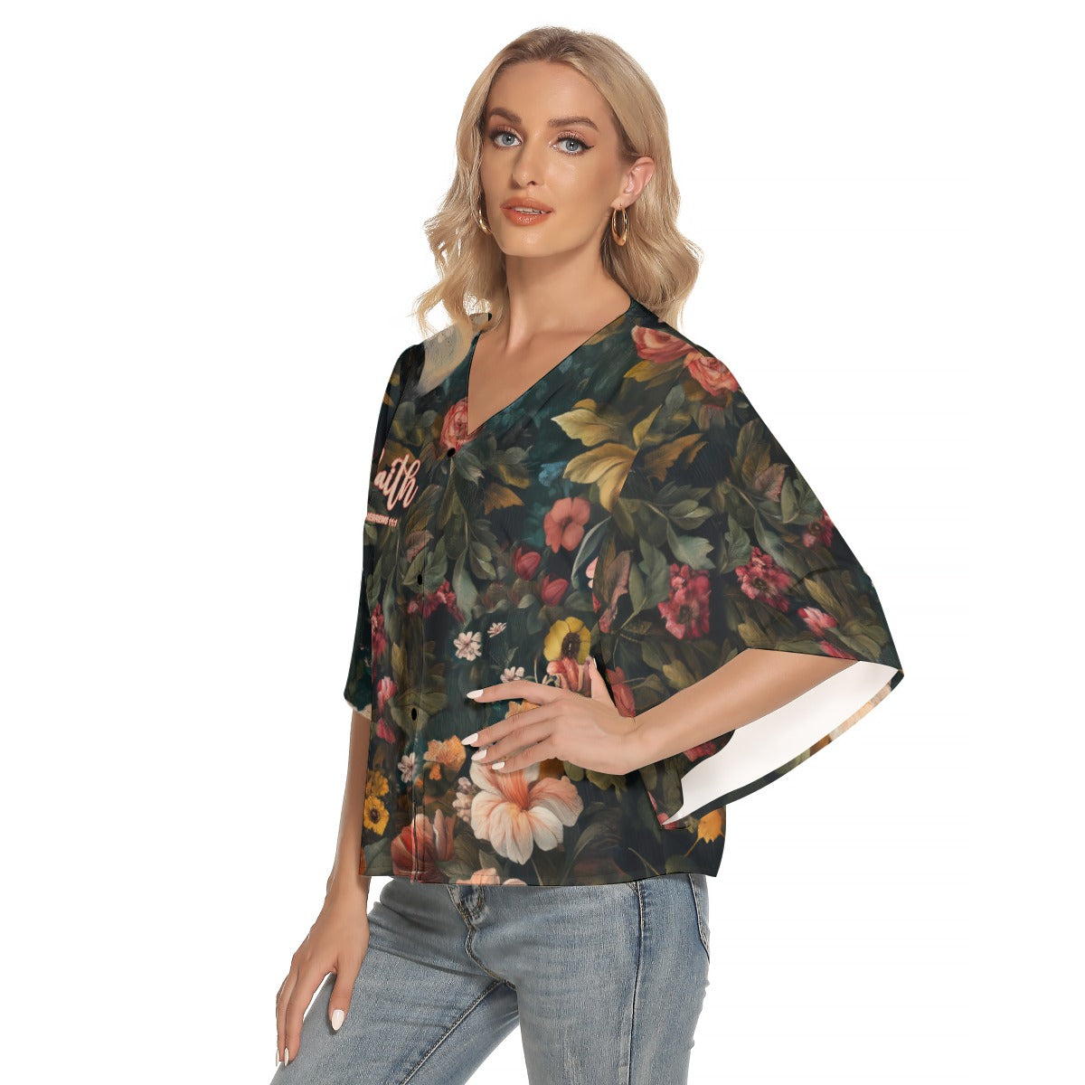 Leopard Floral Print Women's Bat Sleeve Elegant V-Neck Blouse with Button Closure