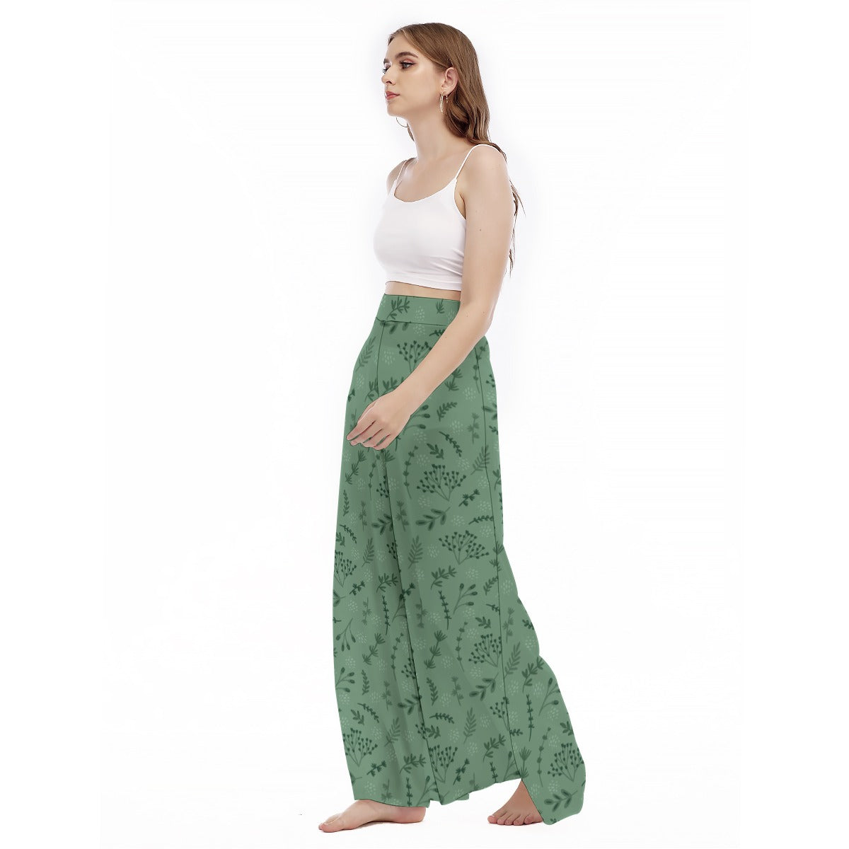 "Blessed Matthew 5:8" Green Floral Print High Waist Wide Leg Trousers for Women