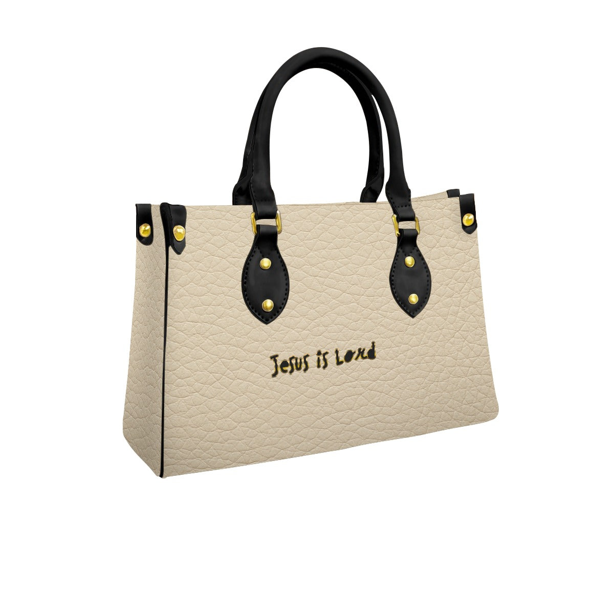 "Jesus is Lord" Faux Cream Leather Women's Tote Bag With Black Handle