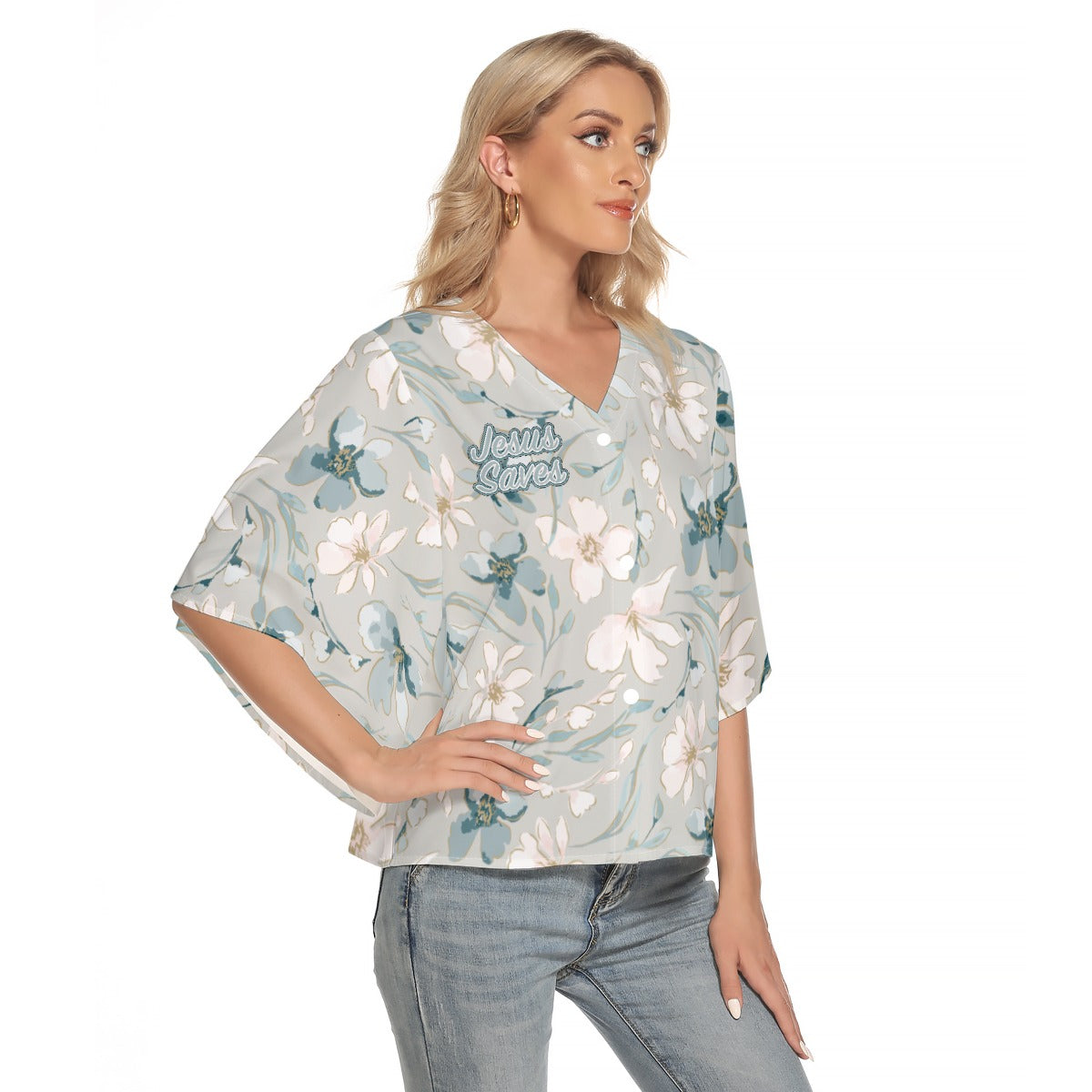 Elegant Women's Bat Sleeve V-neck Buttoned Top with Jesus Saves Design