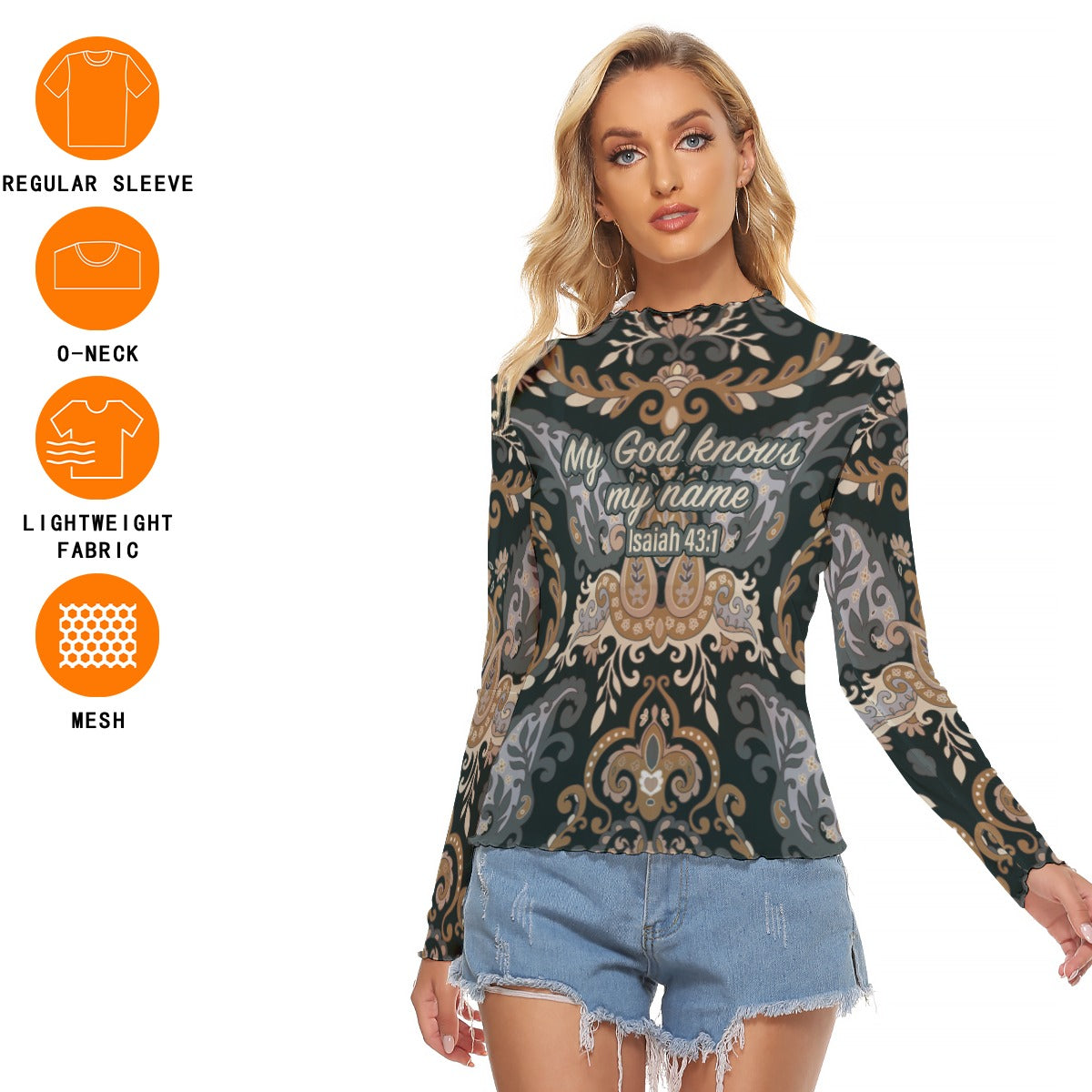Black Paisley Women's Mesh T-shirt "My God knows my name"