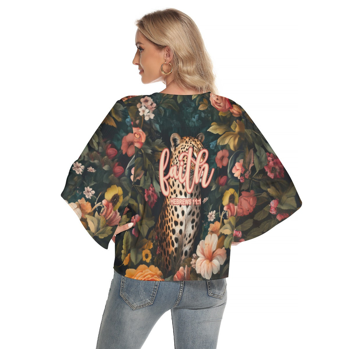 Leopard Floral Print Women's Bat Sleeve Elegant V-Neck Blouse with Button Closure