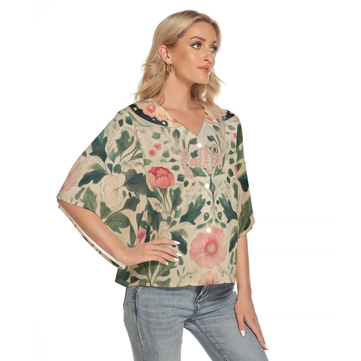 Elegant Women's Bat Sleeve V-neck Top with Faith Ephesians 2:8 Floral Butterfly Design