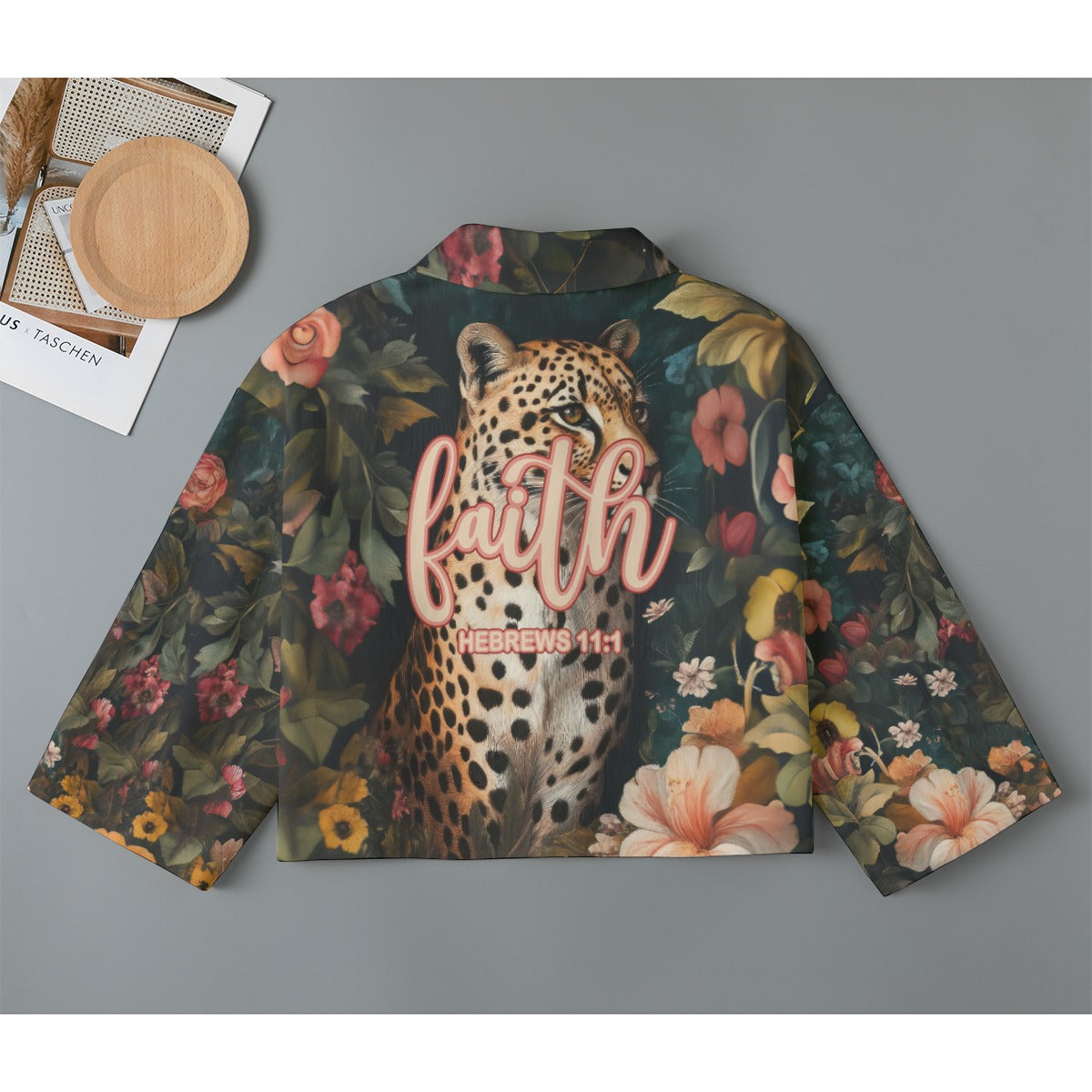 Leopard Floral Women's Cropped Jacket | 245GSM Cotton "Faith Hebrews 11:1"