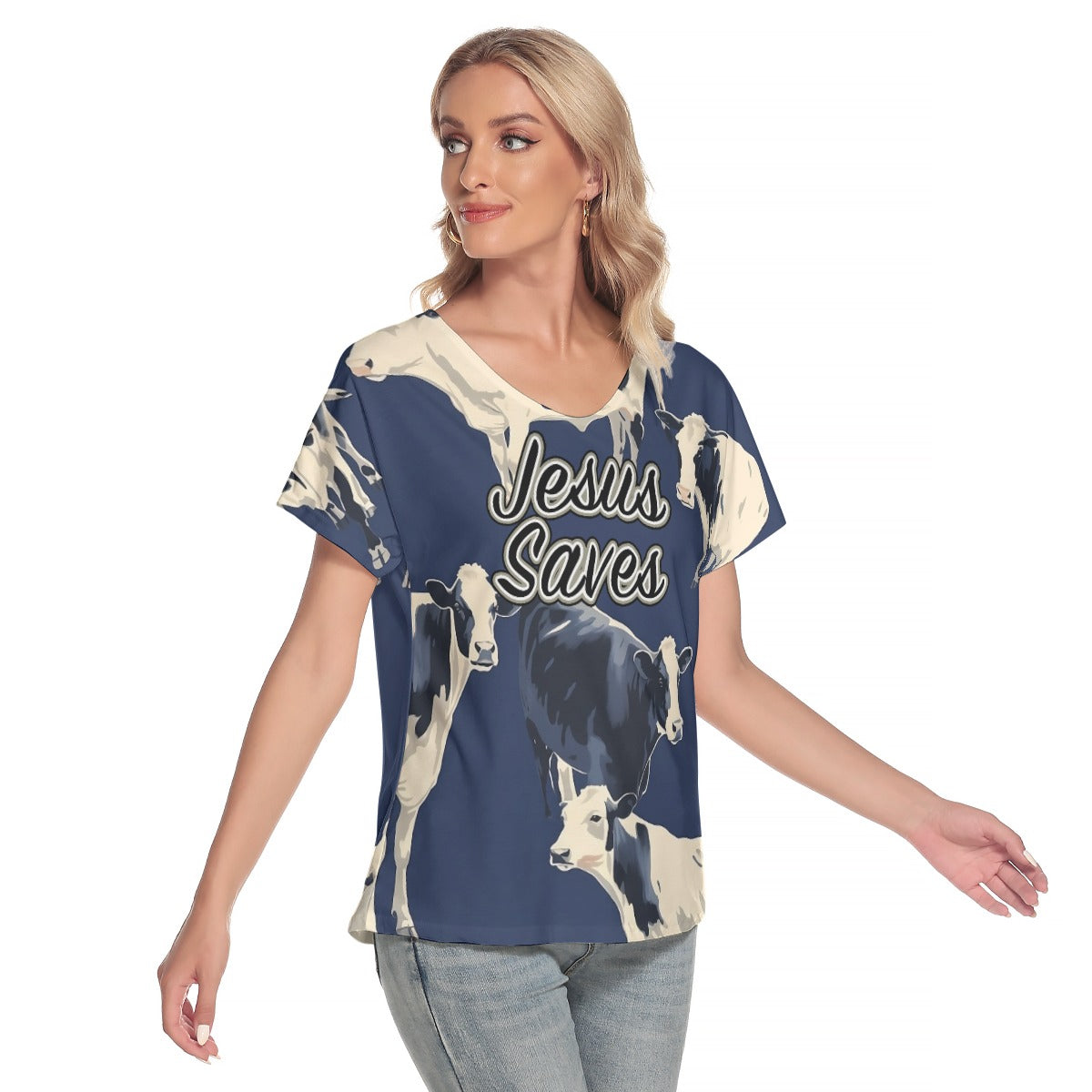 Jesus Saves Blue Cow Print Women's V-Neck Short Sleeve T-Shirt