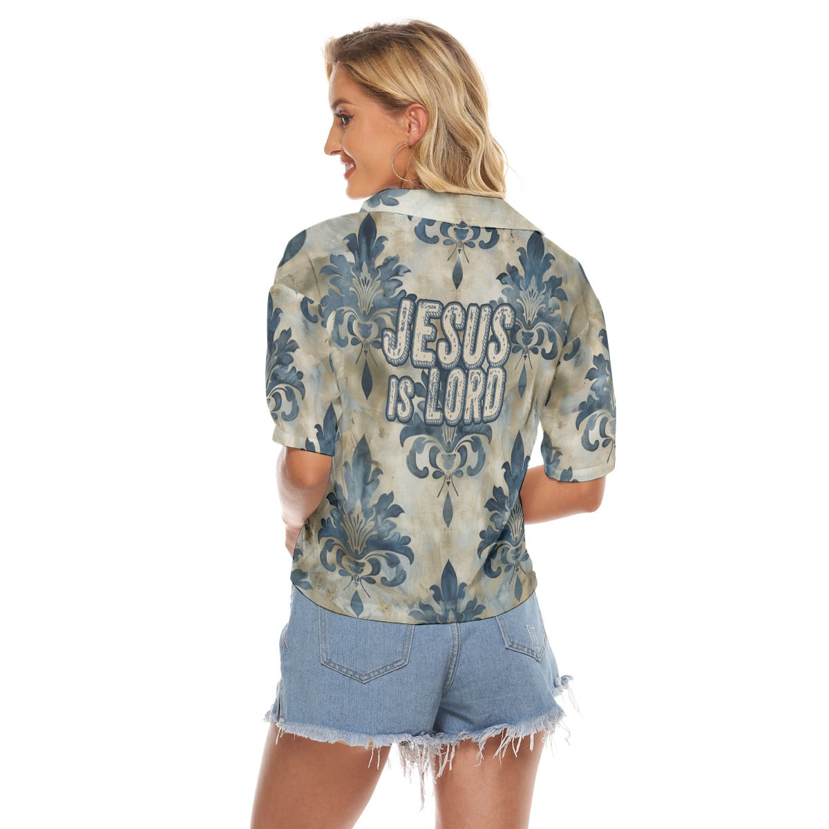 "Jesus is Lord" Faux Vintage Damask Pattern Women's V-neck Shirts