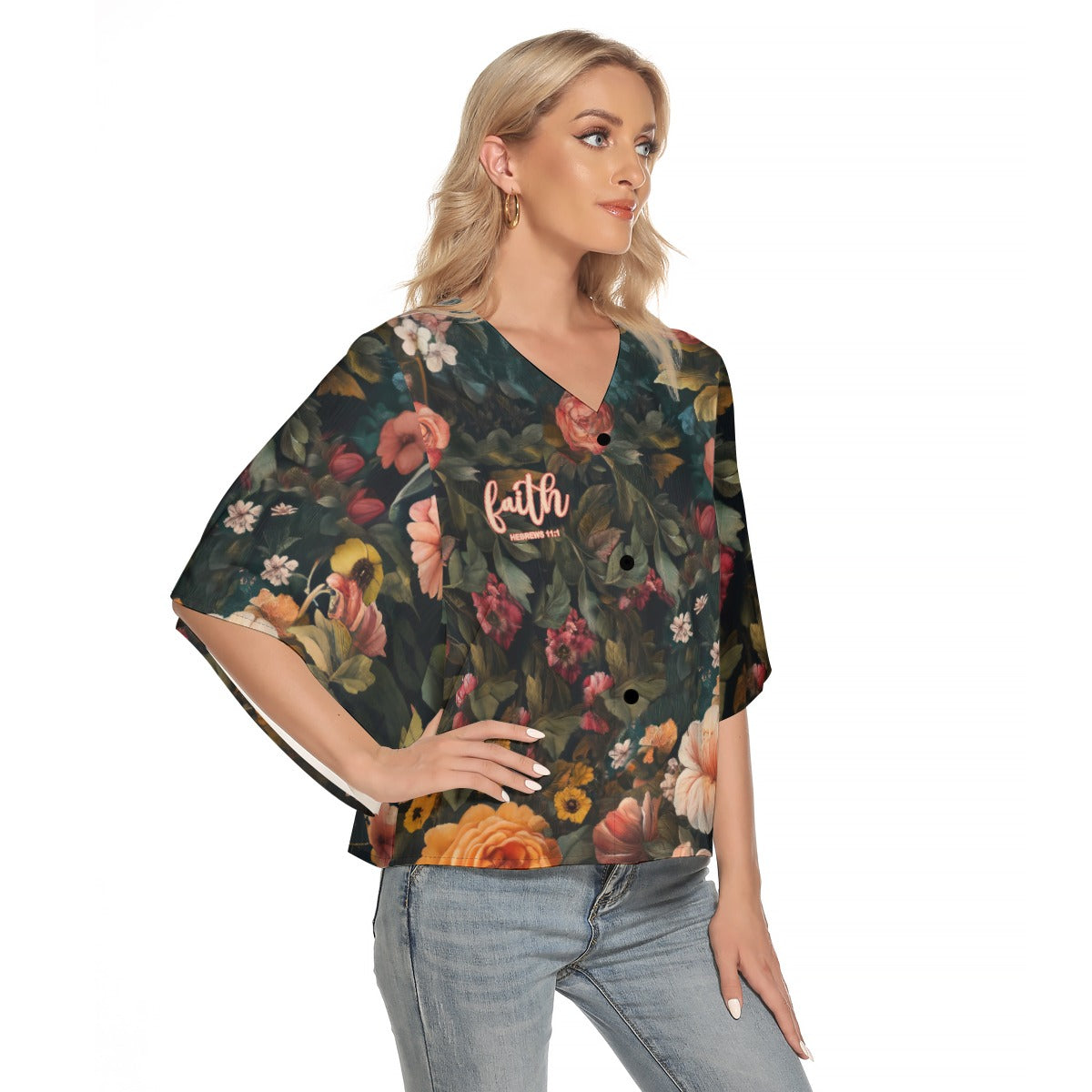 Leopard Floral Print Women's Bat Sleeve Elegant V-Neck Blouse with Button Closure