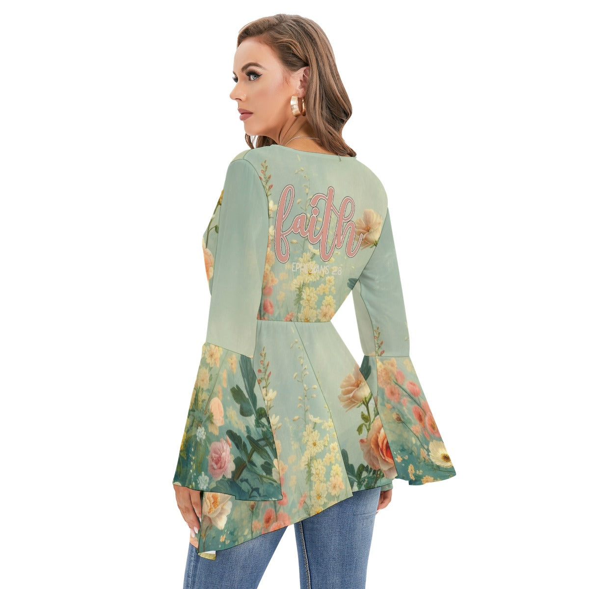 Women's V-neck Polyester Blouse with Flared Butterfly Sleeves & Faith Ephesians Design