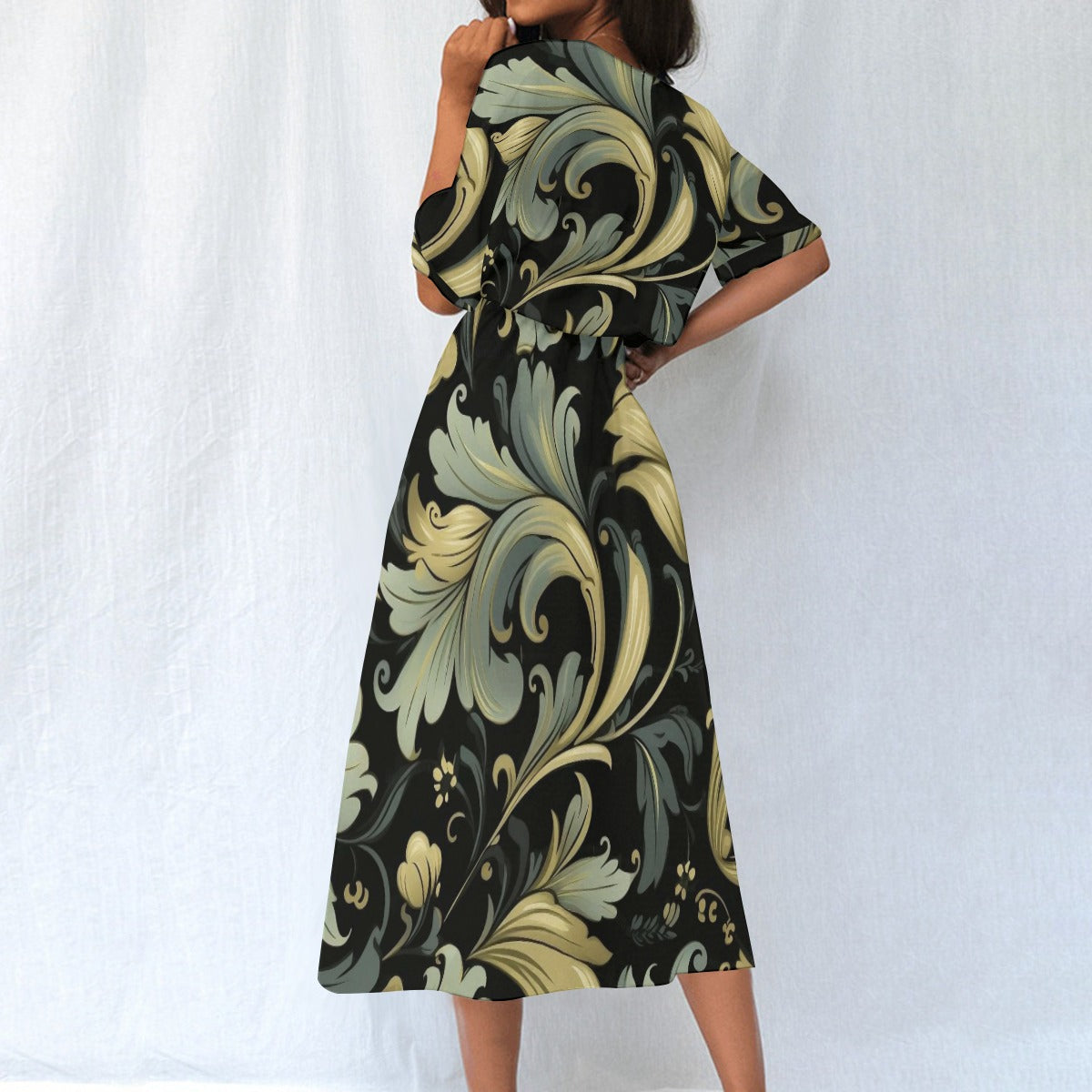 "Jesus Saves" Gold Green & Black Swirly Floral Women's Elastic Waist Dress with Four-Way Stretch for Everyday Fashion
