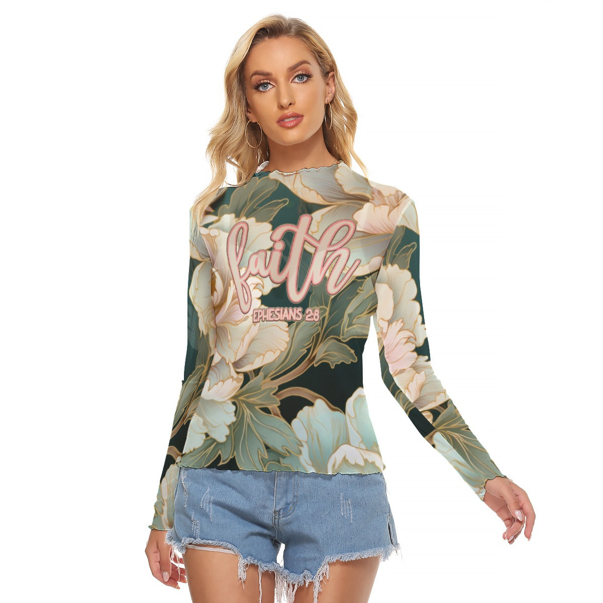 "Faith Ephesians 2:8" Floral Women's Mesh T-shirt