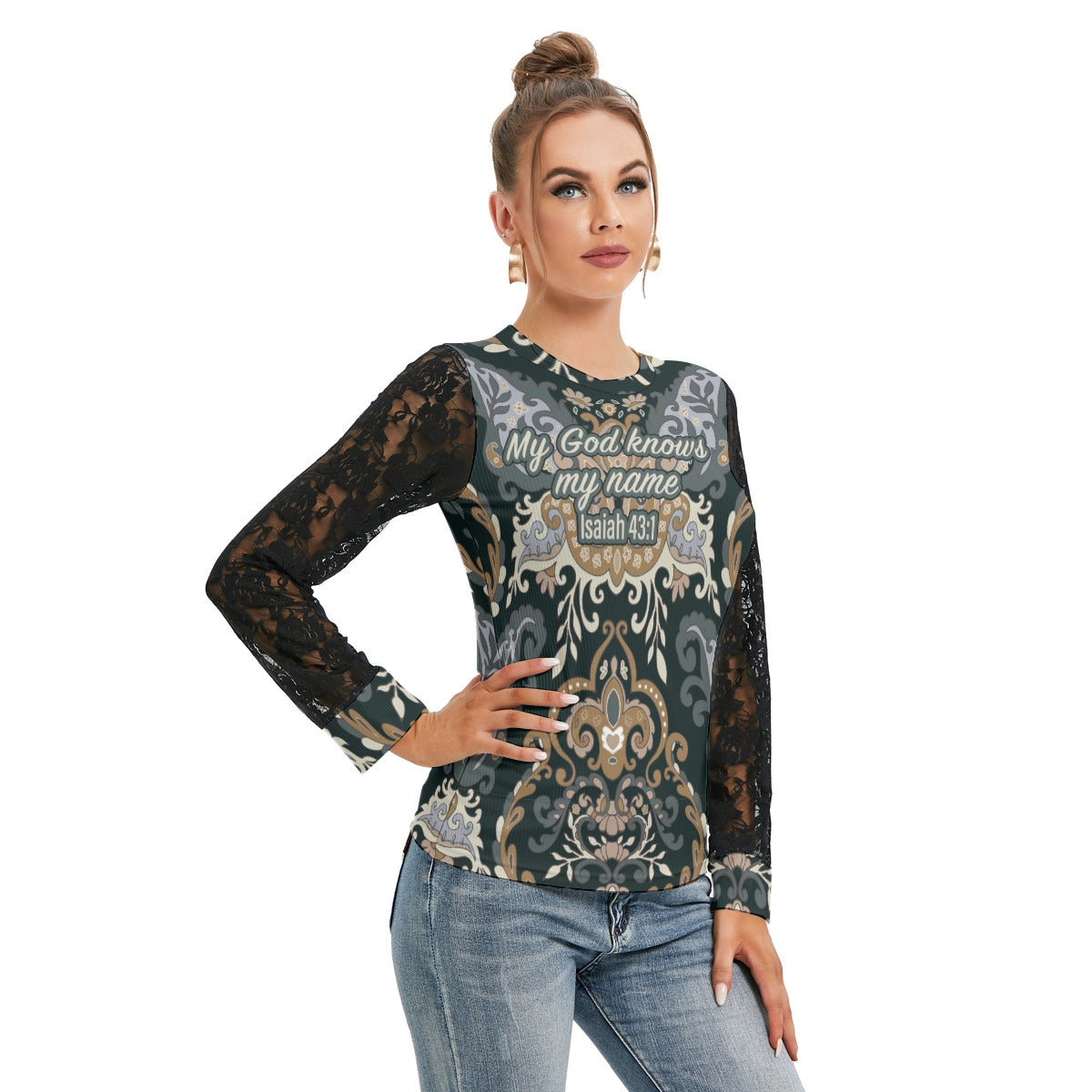 Women's Black Lace Trim T-shirt with Lantern Sleeve "My God knows my name"