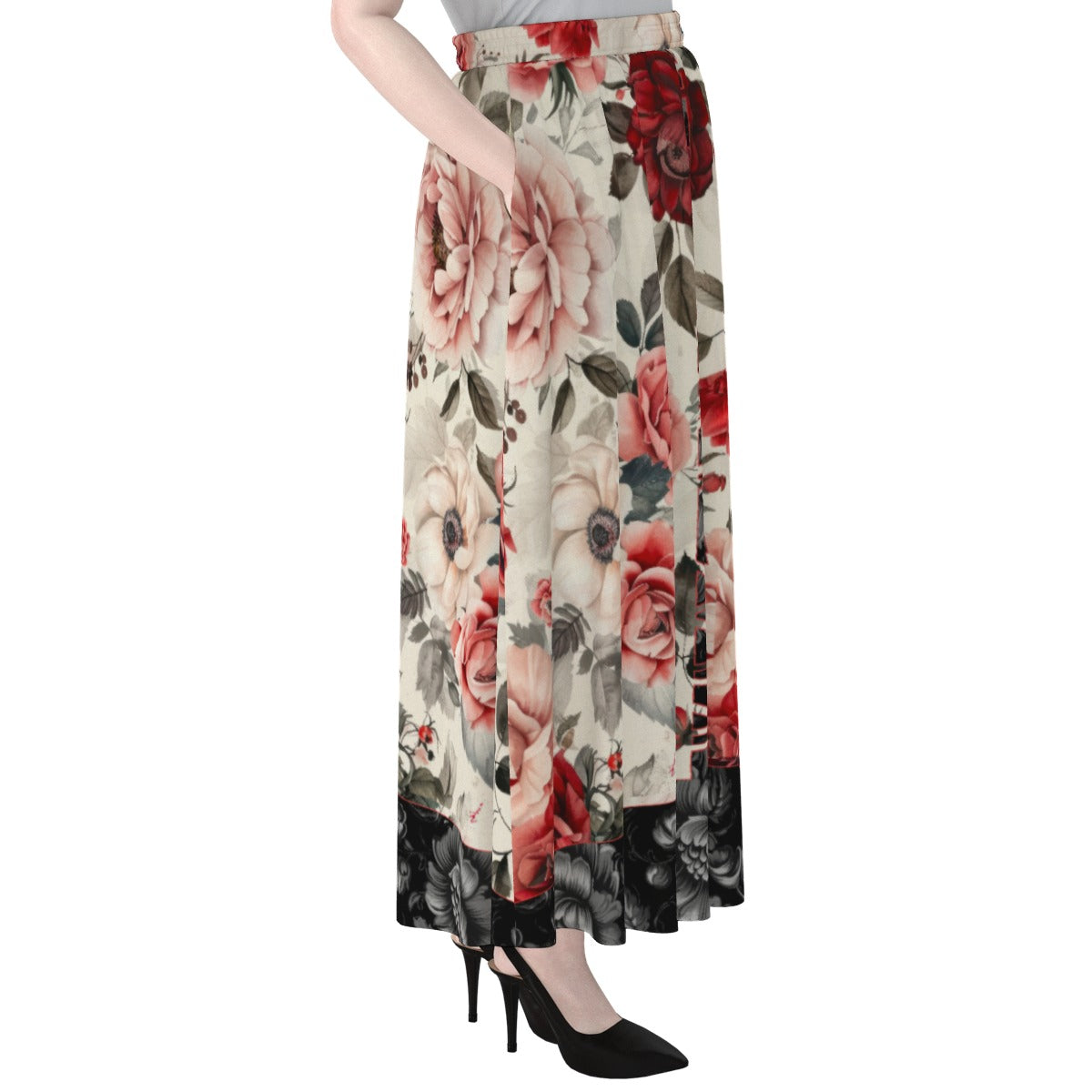 "Jesu is Lord" Red & White Floral Women's Maxi Chiffon Skirts With Lining