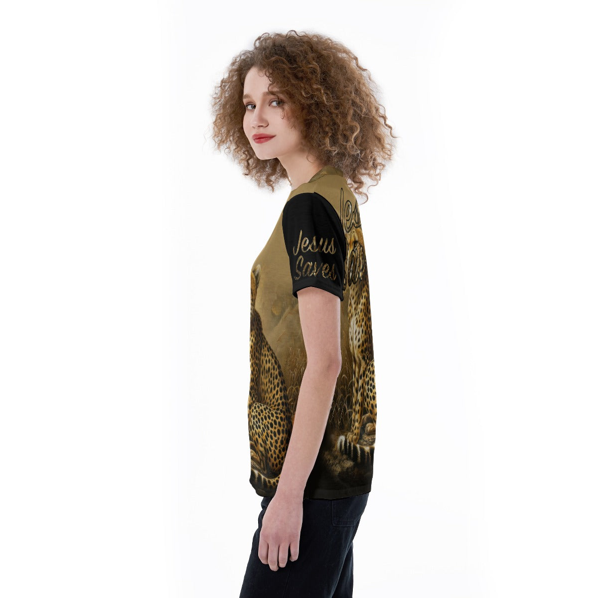 "Jesus Saves" Leopard with Black Sleeves V-neck Women's T-shirt