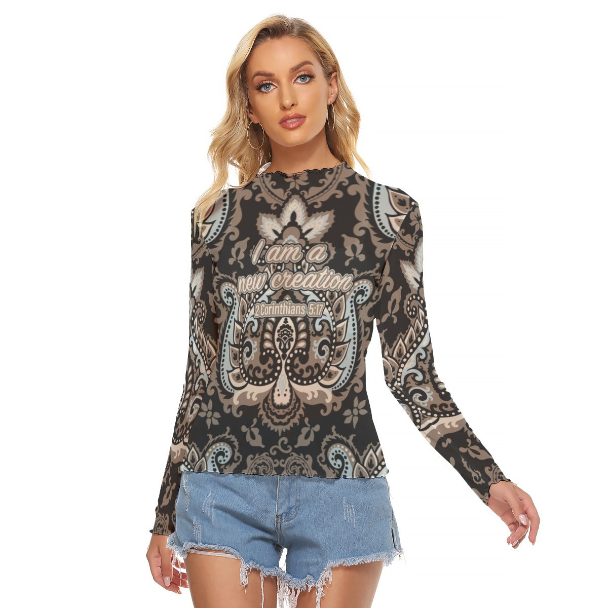 Black Paisley Print Women's Mesh T-shirt "I am a new creation"