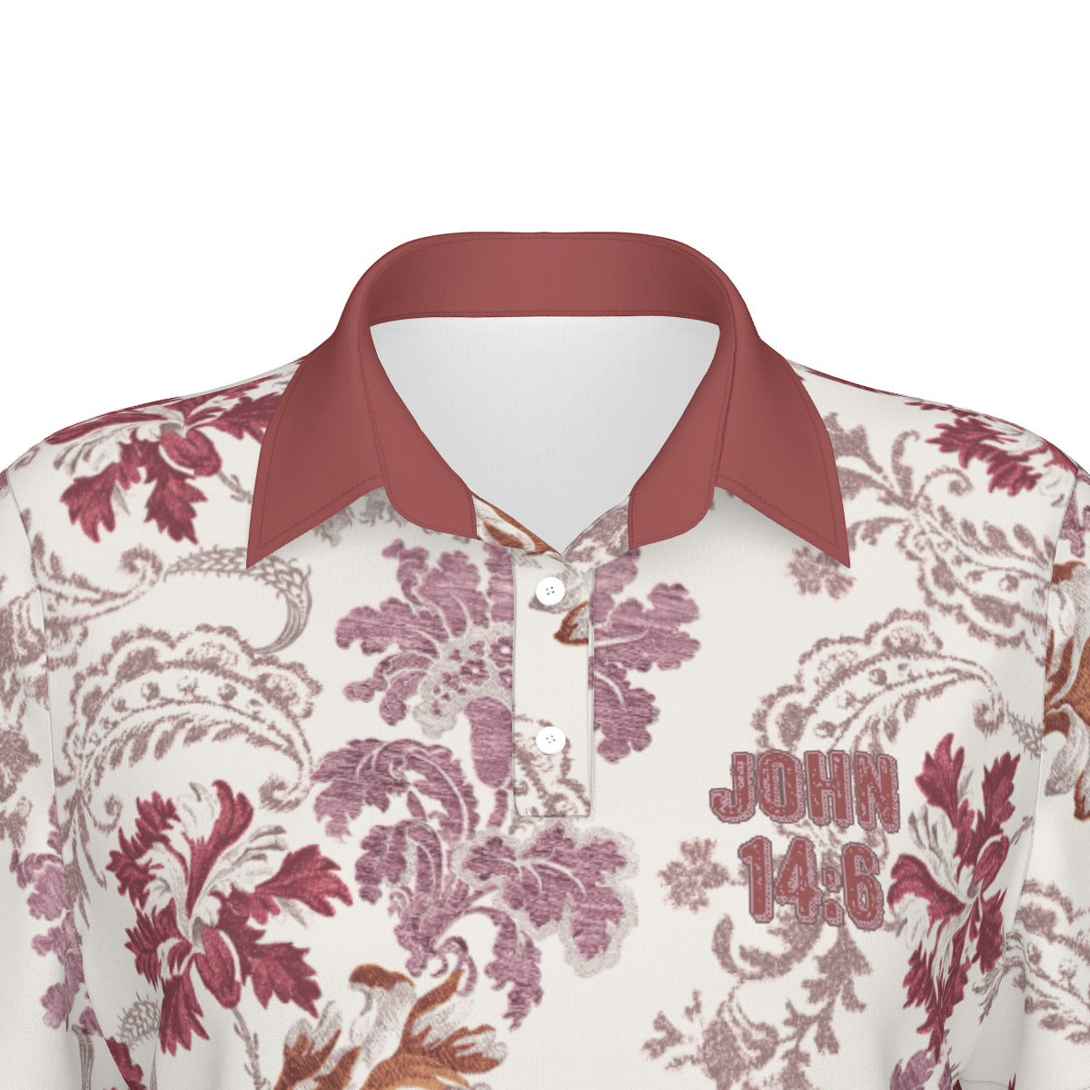 "John 14:6" Red & White Floral Print Women's Sports Polo Shirt with Stretch Fabric