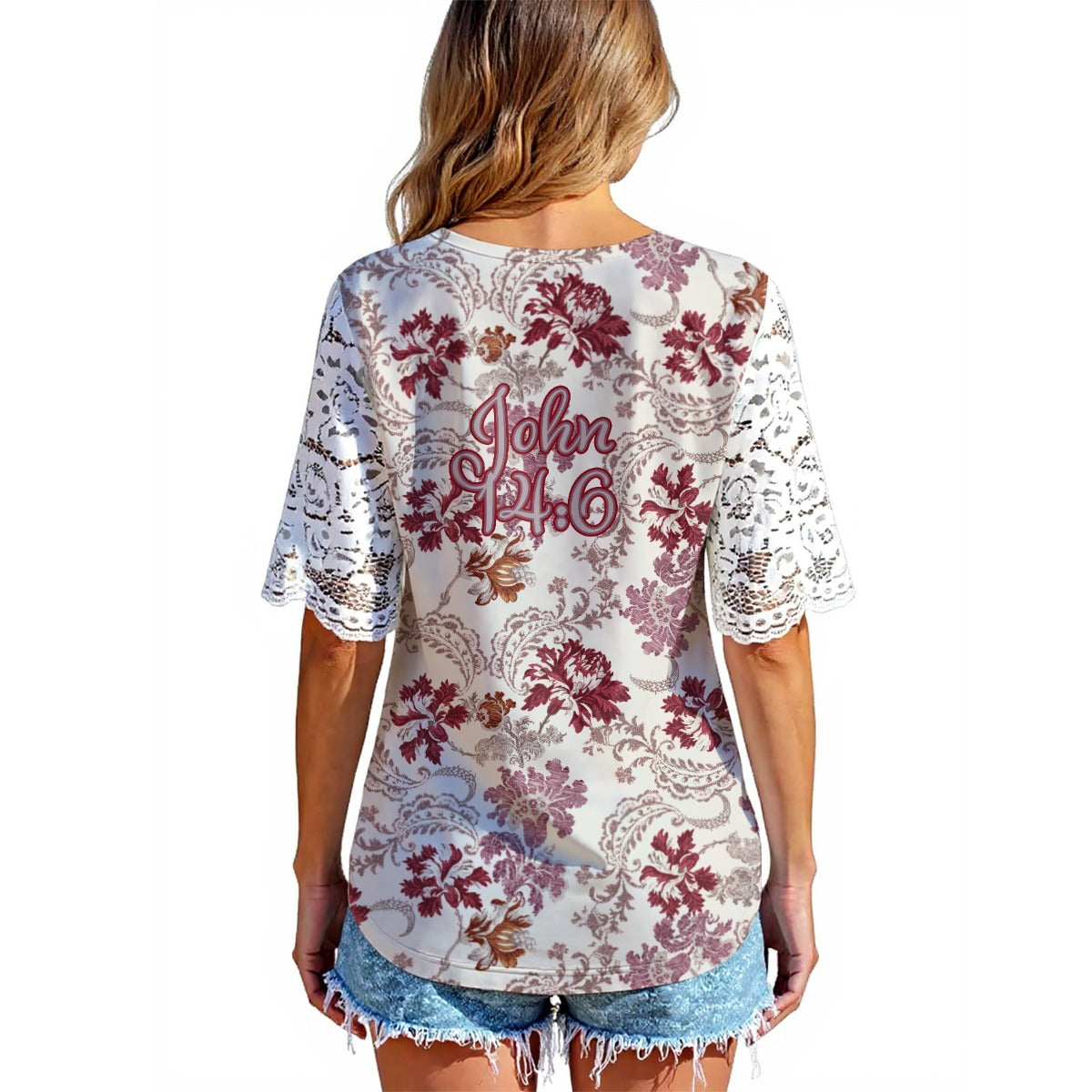 "John 14:6" Red & White Floral Women's Lace Sleeve Shirt