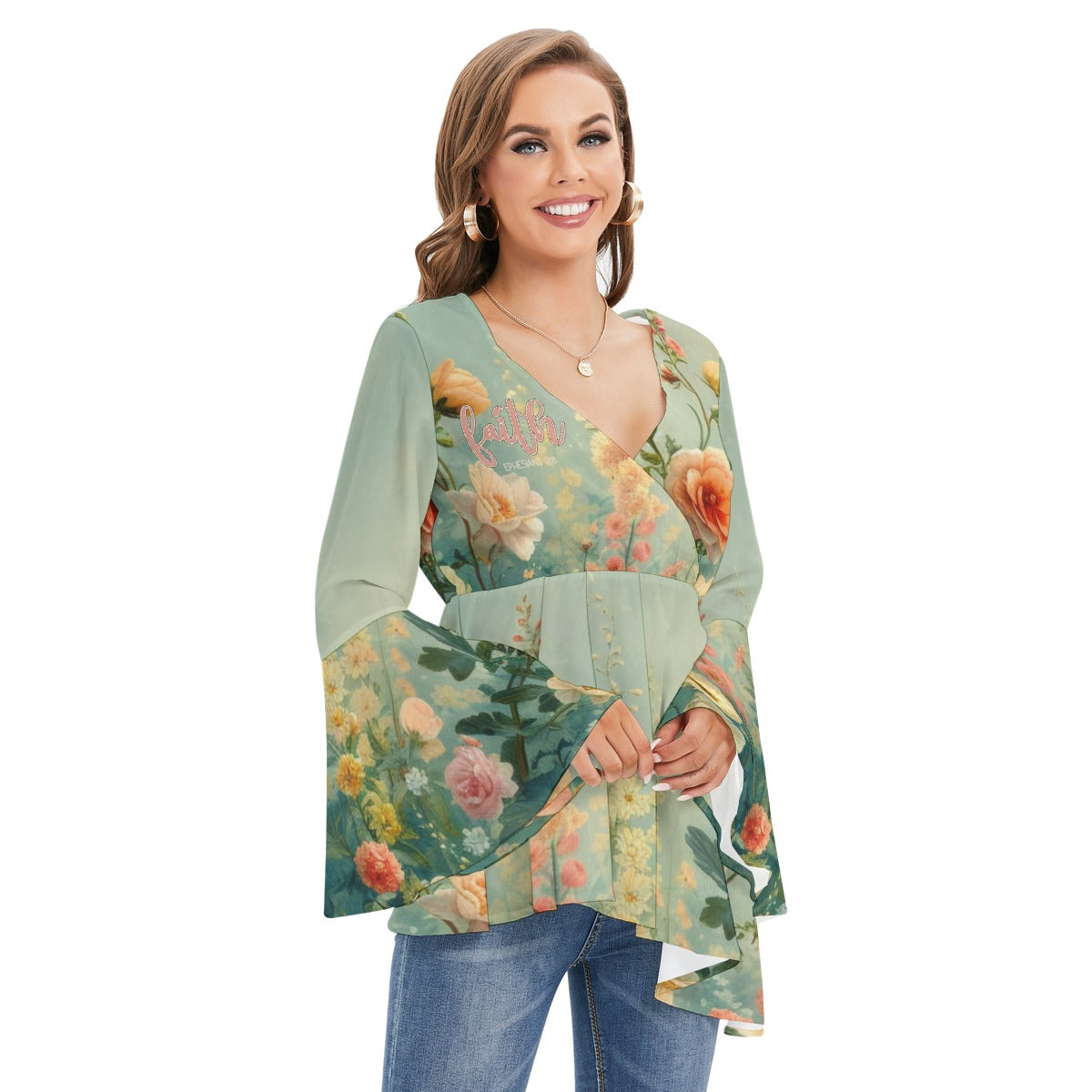 Women's V-neck Polyester Blouse with Flared Butterfly Sleeves & Faith Ephesians Design