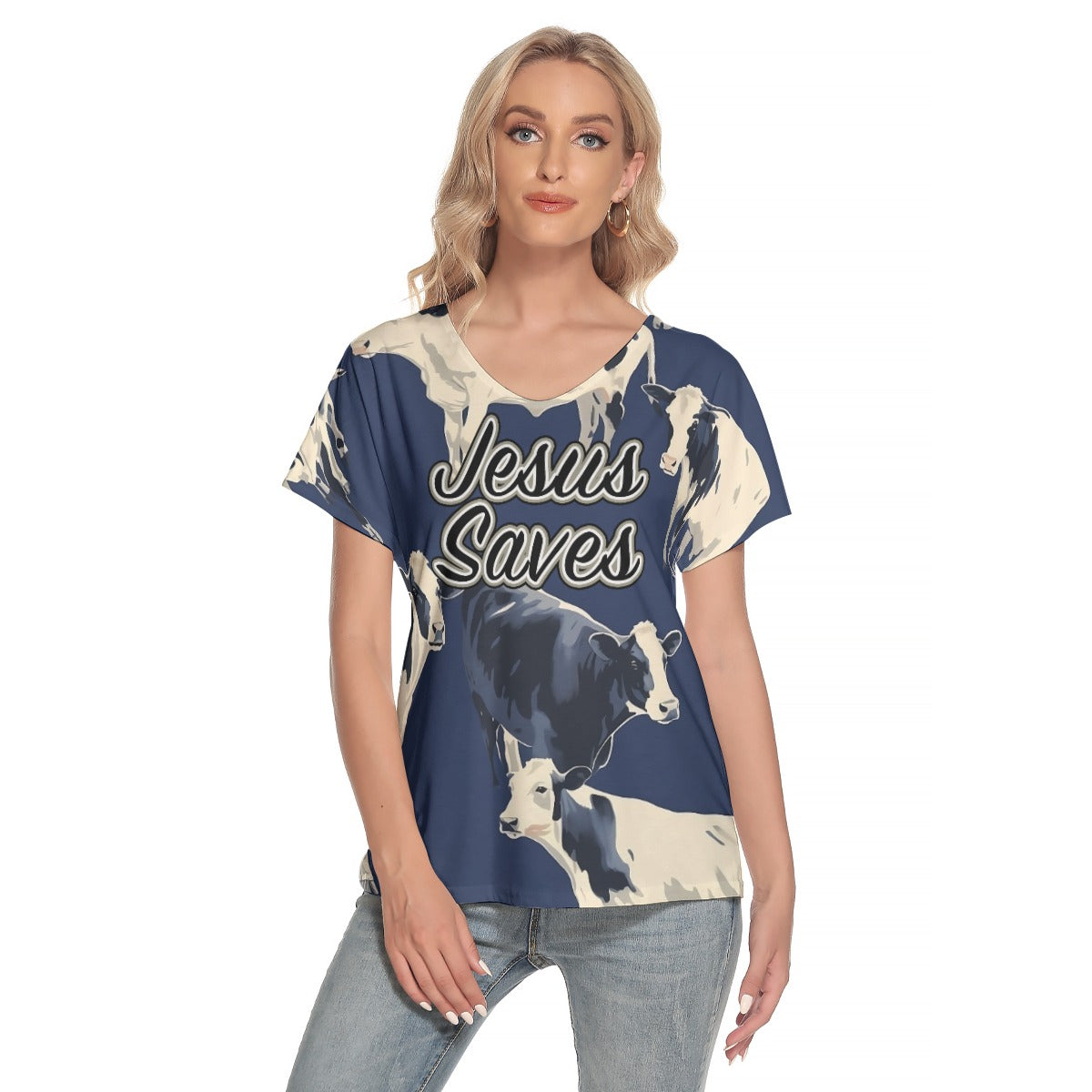 Jesus Saves Blue Cow Print Women's V-Neck Short Sleeve T-Shirt