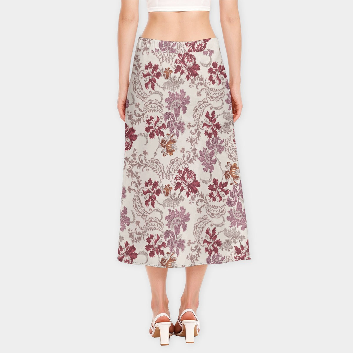 "John 14:6" Red & White Floral High-Stretch Milk Silk Midi Skirt for Women with Front Slit