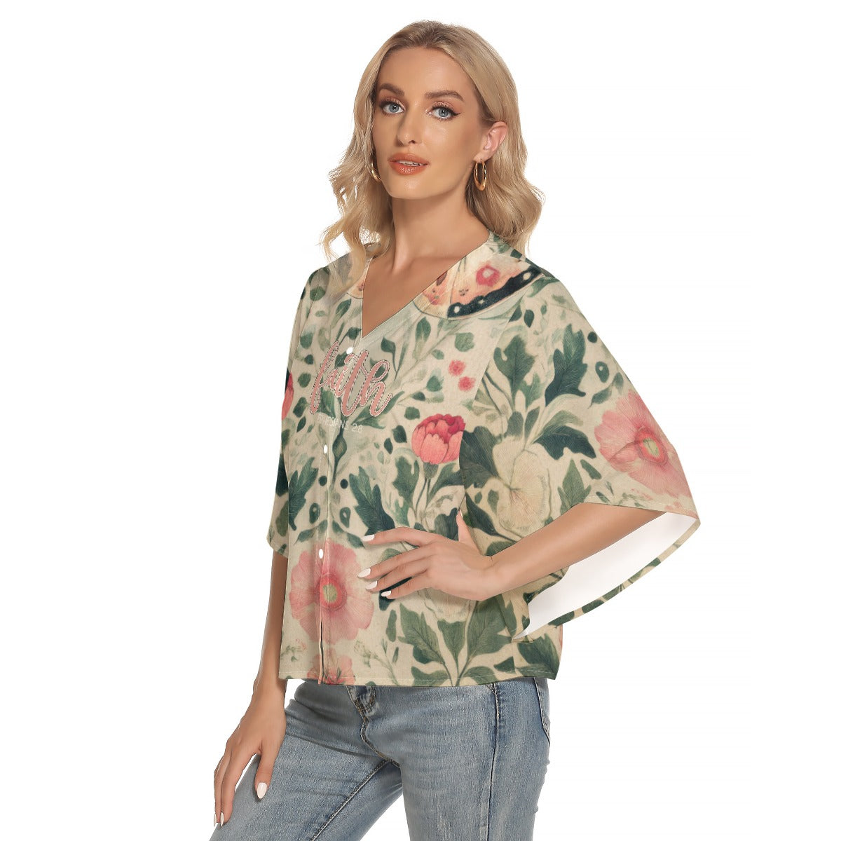 Elegant Women's Bat Sleeve V-neck Top with Faith Ephesians 2:8 Floral Butterfly Design