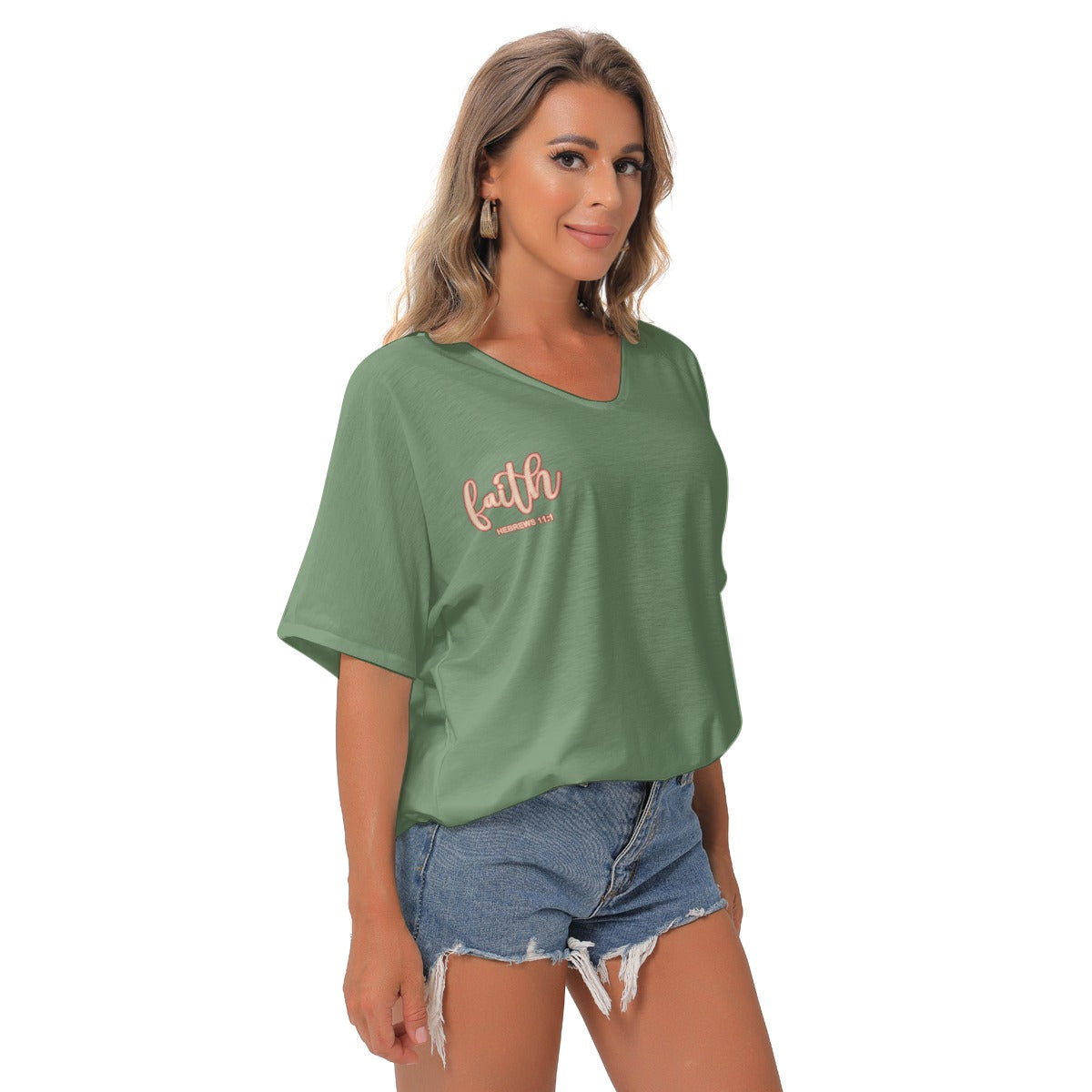Green Women's Bat Sleeves V-Neck Blouse Faith Hebrews 11:1 Loose Comfort Jersey Top