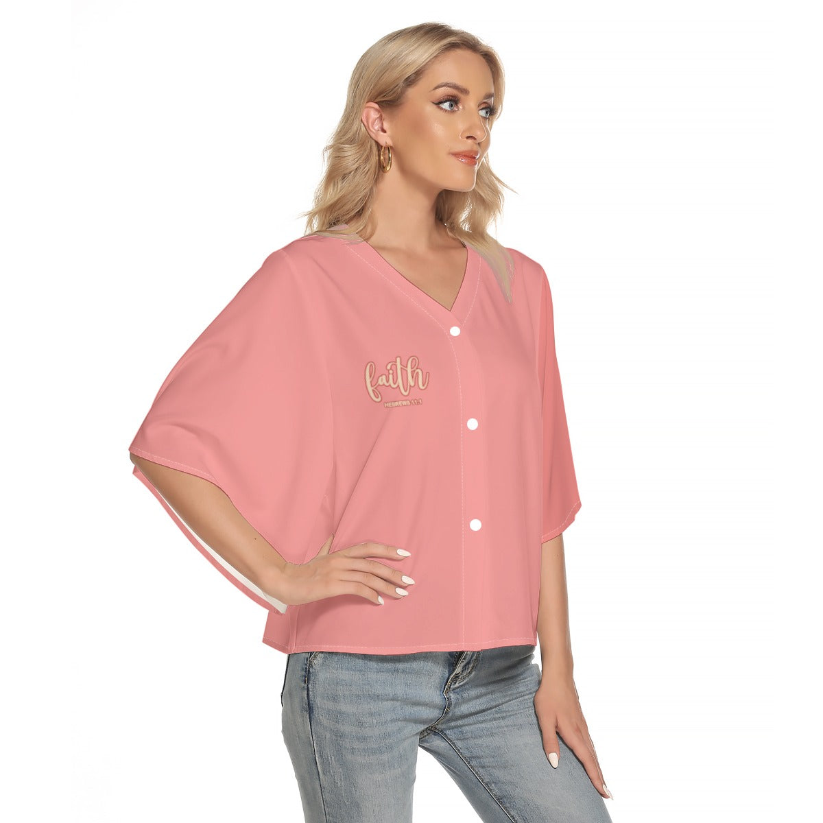 Pink Women's Bat Sleeve Light V-neck Front Buttoned Top "Faith Hebrews 11:1"