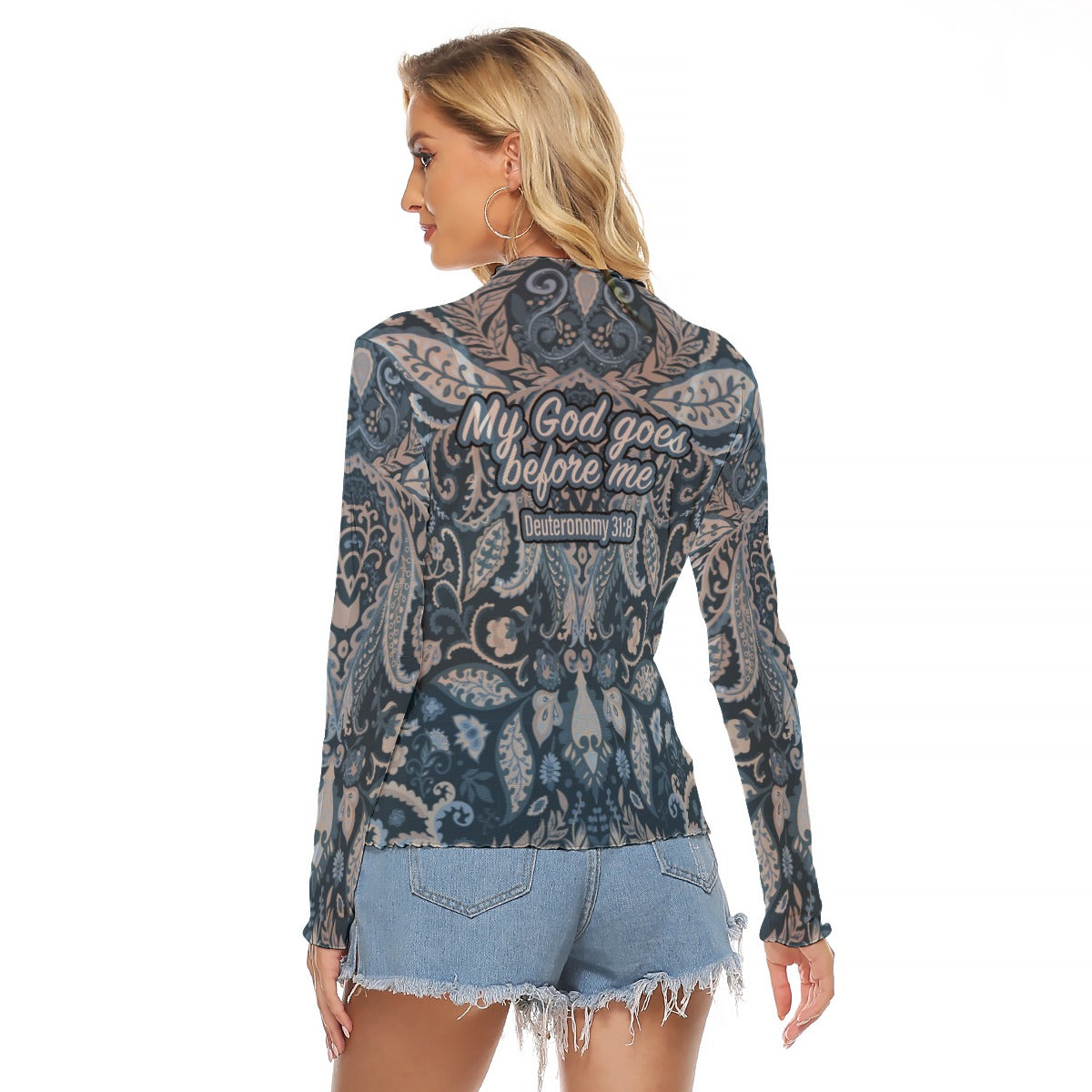 Blue Paisley Print Women's Mesh T-shirt "My God goes before me"
