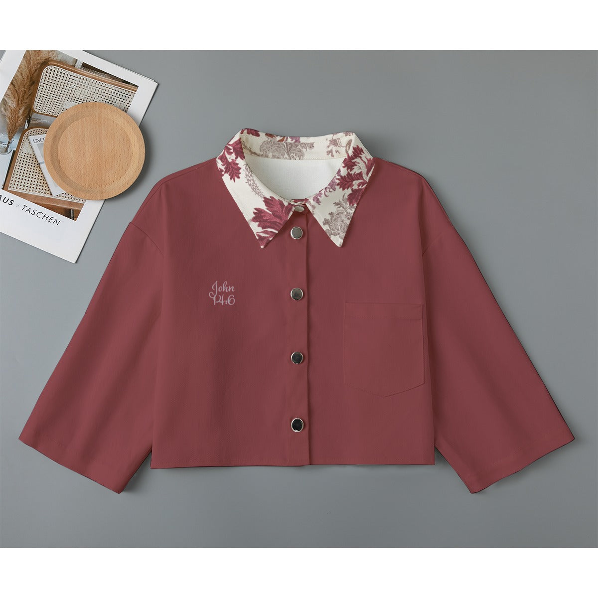 "John 14:6" Red with floral Collar Women's Cropped Jacket | 245GSM Cotton