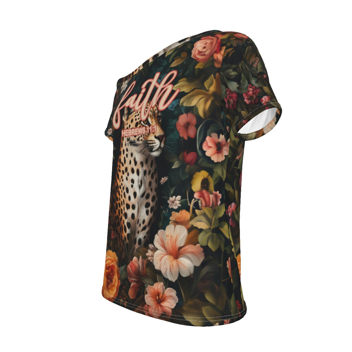 Leopard Floral Print Off-Shoulder T-shirt for Women - "Faith Hebrews 11:1"