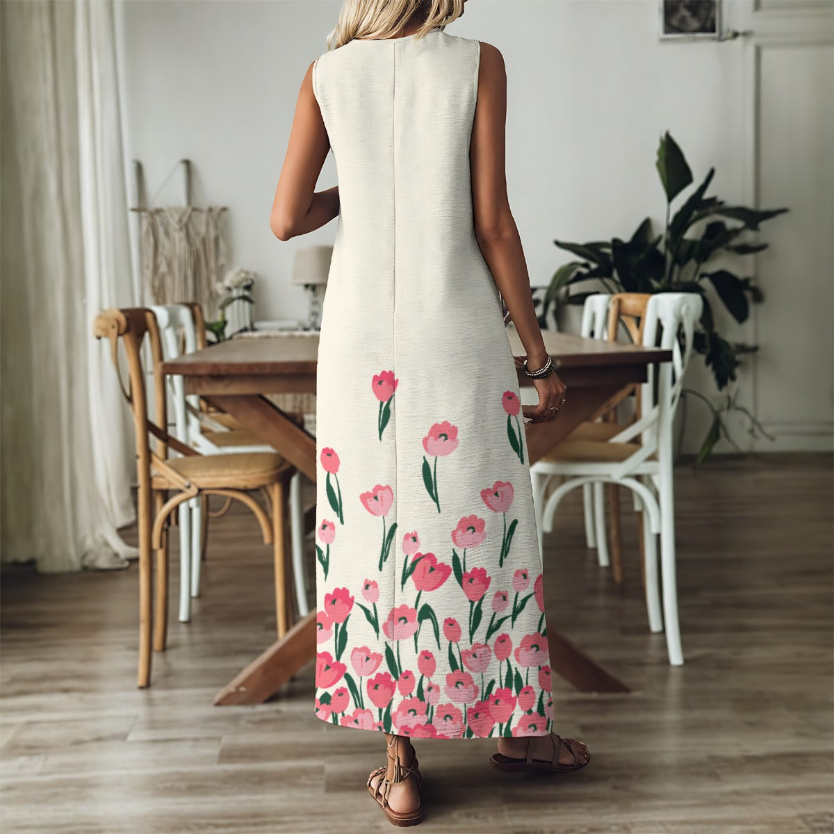 "Blessed Matthew 5:4" Cream Color with Pink Tulip Print Women's V-Neck Long Dress