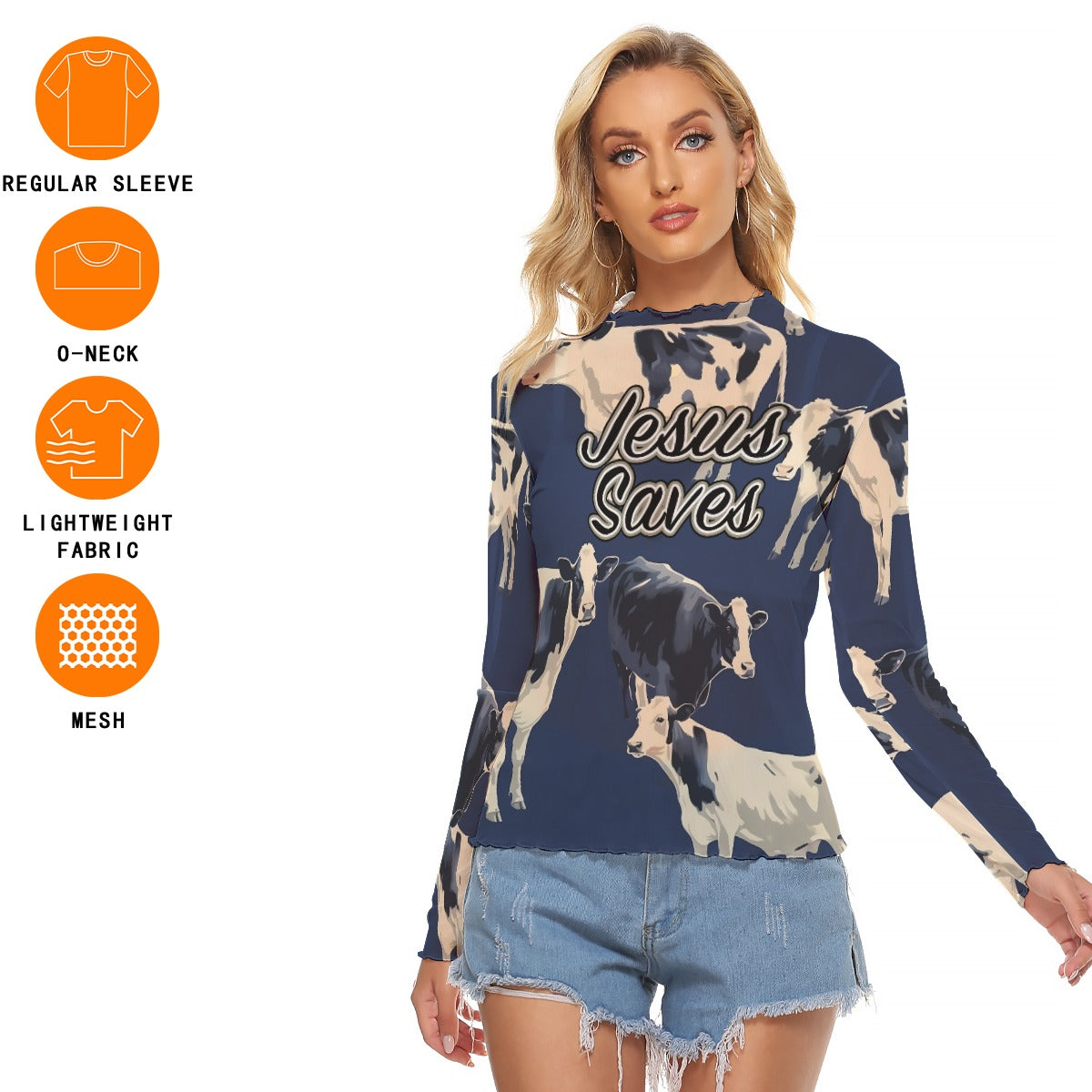 "Jesus Saves" Blue Cow Print Women's Mesh T-shirt