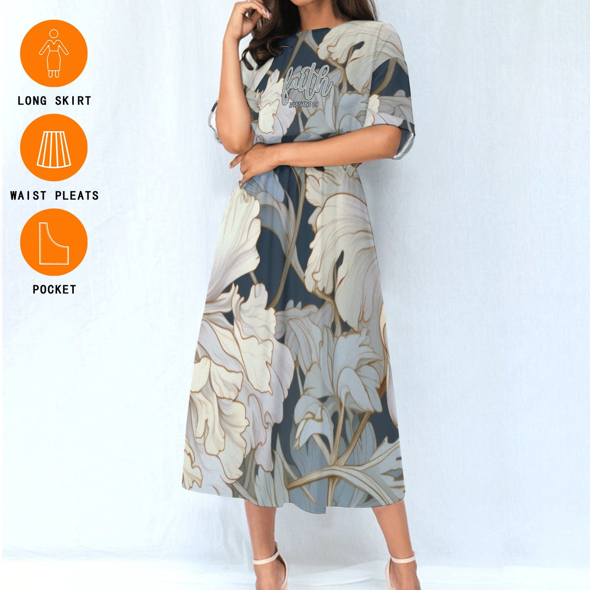 "Faith Ephesians 2:8" Blue & White Floralt Women's Elastic Waist Dress