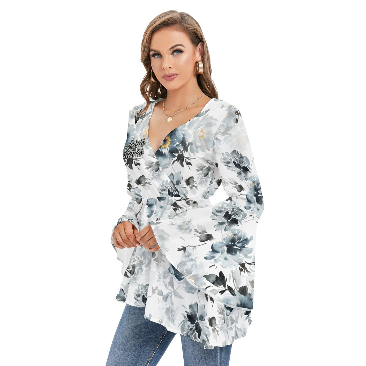"Jesus Saves" White Blue & Black Floral Women's V-neck Blouse With Flared Sleeves