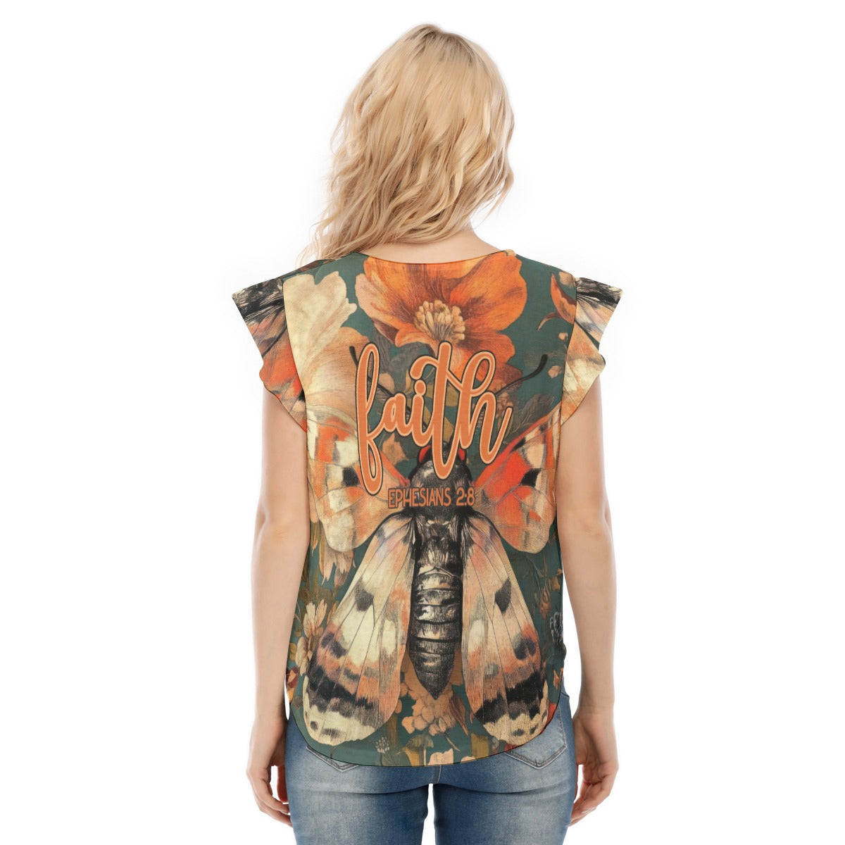 Faith Ephesians 2:8 Women's Ruffle Sleeve O-neck T-Shirt, Soft Jersey Fabric