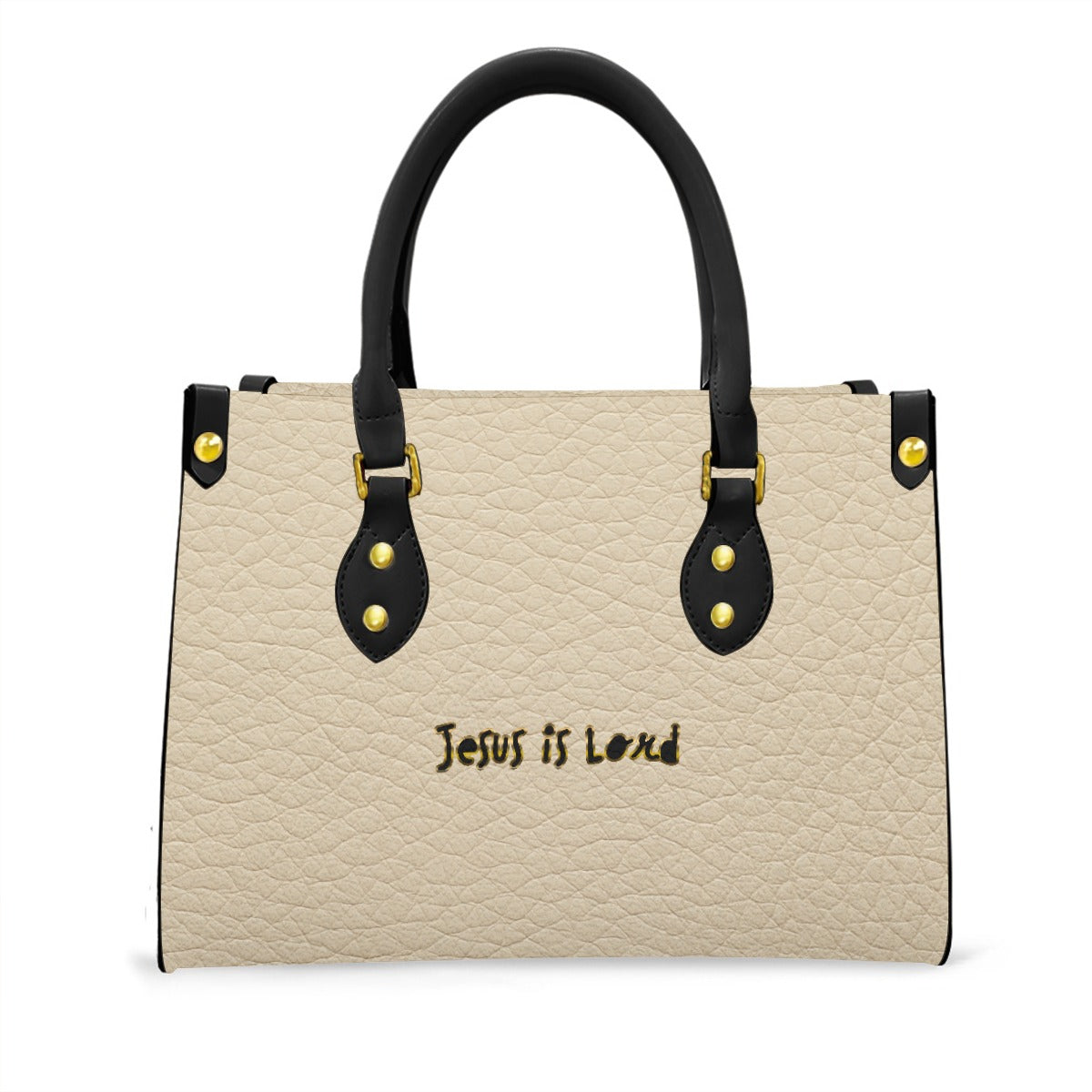 "Jesus is Lord" Faux Cream Leather Women's Tote Bag With Black Handle