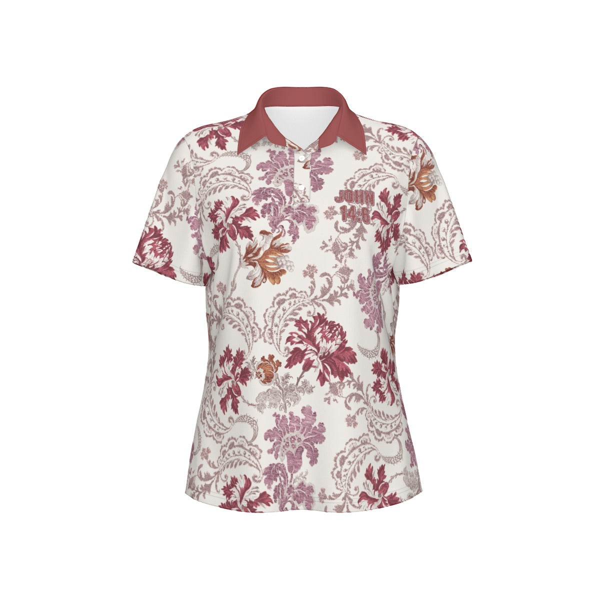 "John 14:6" Red & White Floral Print Women's Sports Polo Shirt with Stretch Fabric