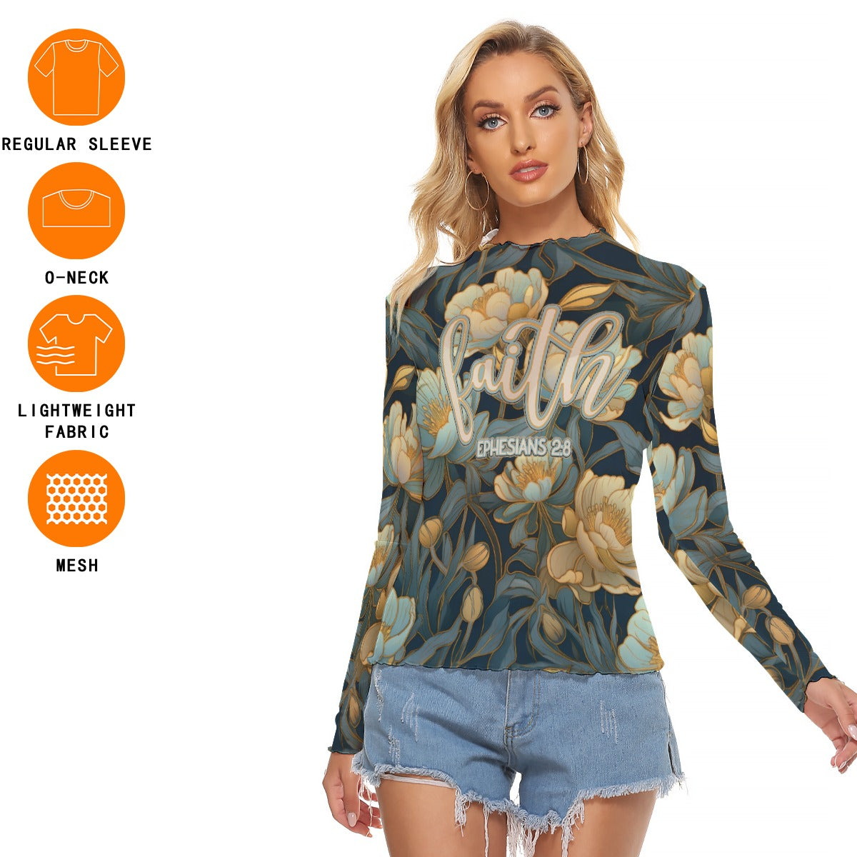 "Faith Ephesians 2:8" Blue Floral Women's Mesh T-shirt
