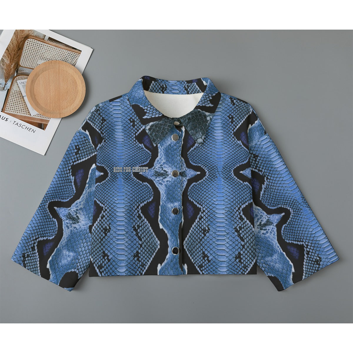 "Ride For Christ" Blue Snake Skin Print Women's Cropped Jacket | 245GSM Cotton