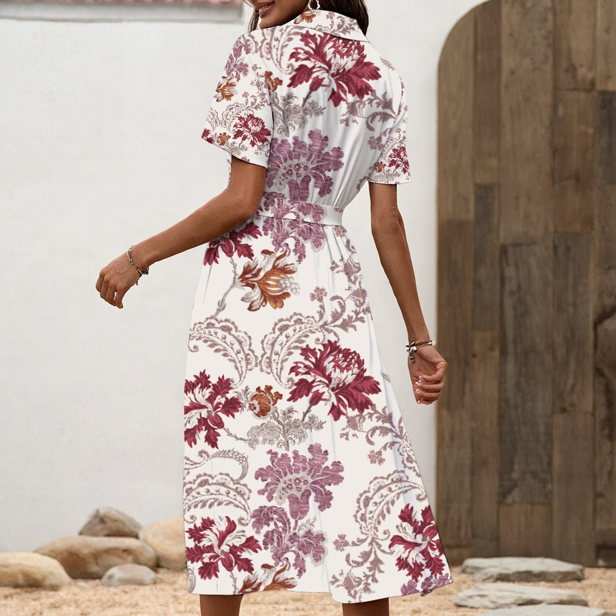 "John 14:6" Red & White Floral Women's Shirt Dress with Waist Tie