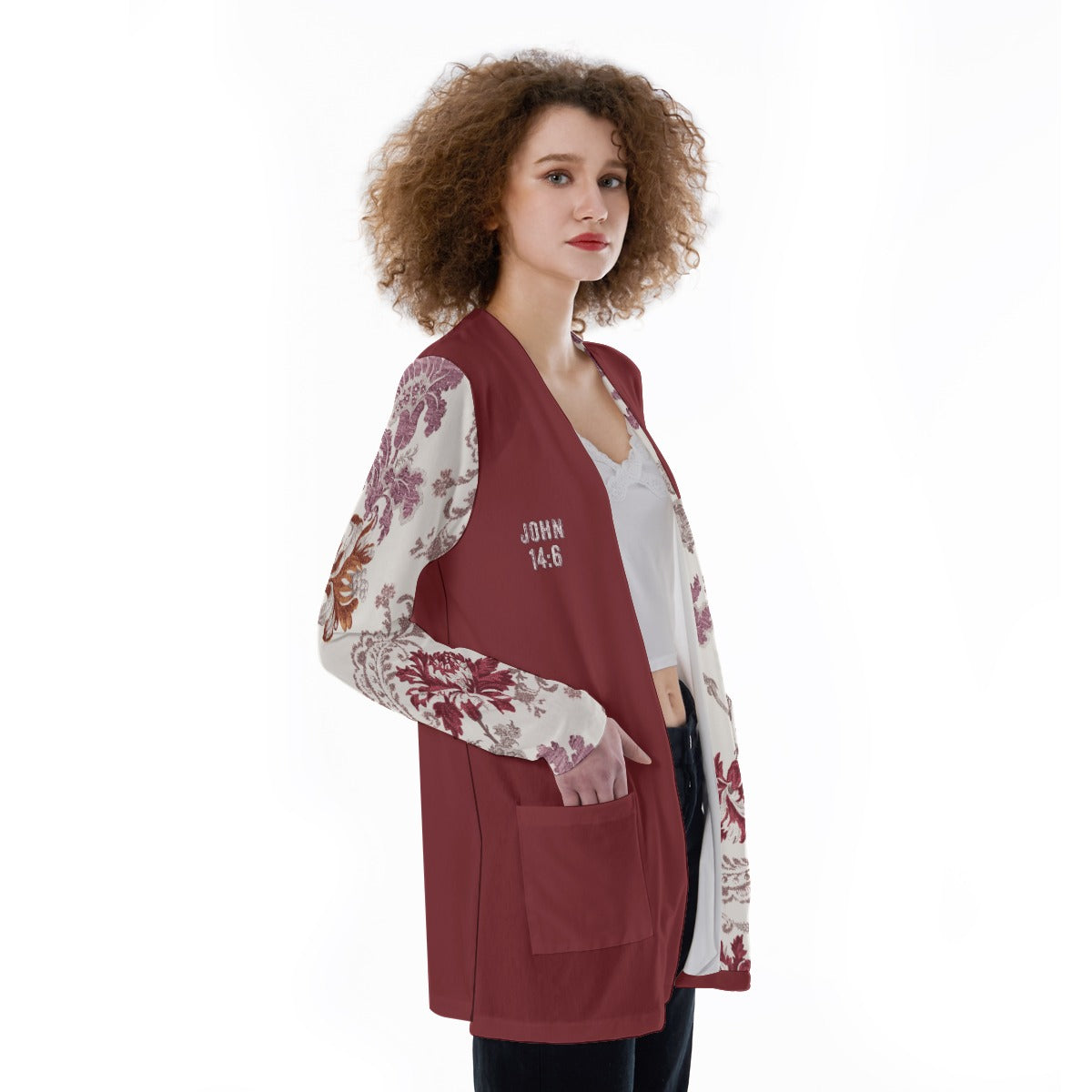 "John 14:6" Red Women's Cardigan With Pockets