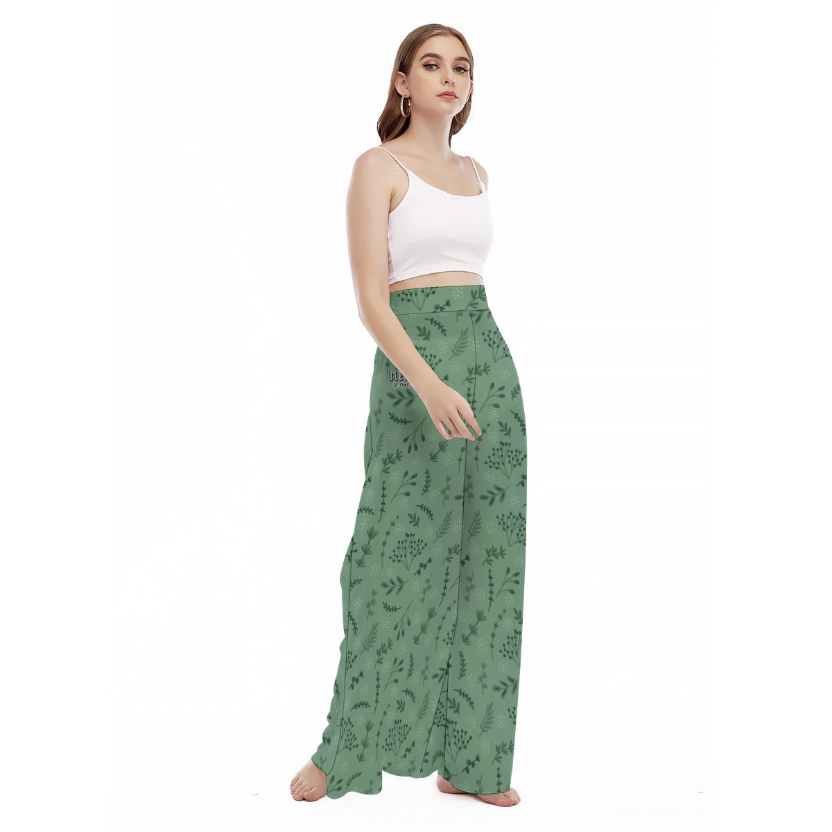 "Blessed Matthew 5:8" Green Floral Print High Waist Wide Leg Trousers for Women