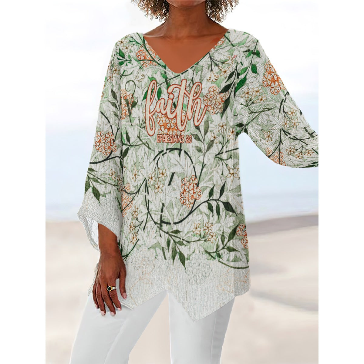 Faith Ephesians 2:8 Floral V-neck Irregular Hem Women's Polyester Top