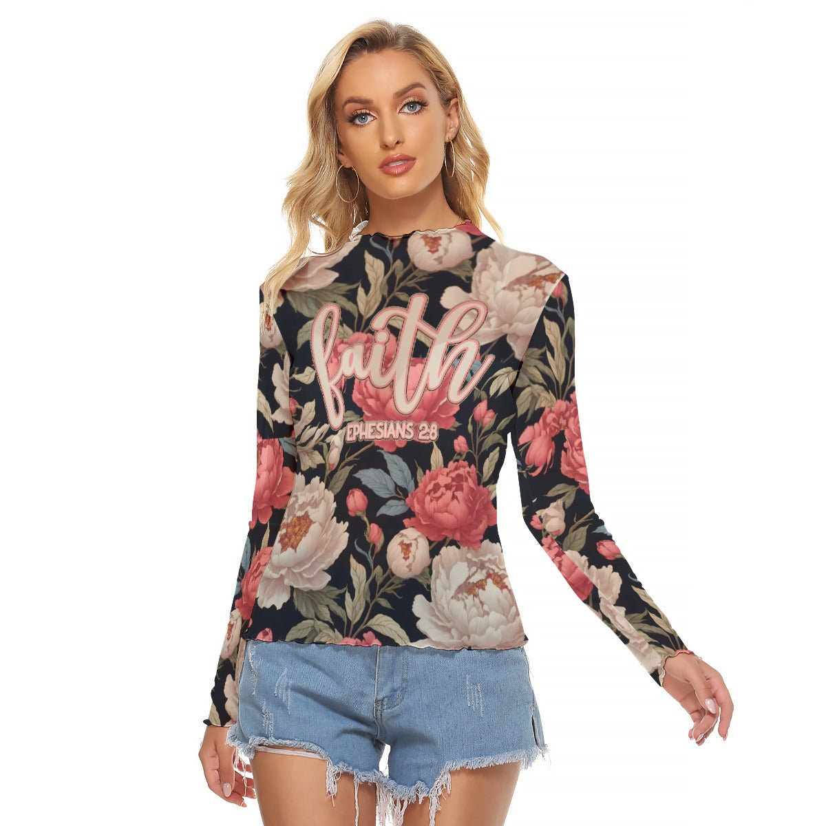 Faith Ephesians 2:8 Pink Black Floral Mesh Women's T-shirt Long Sleeve