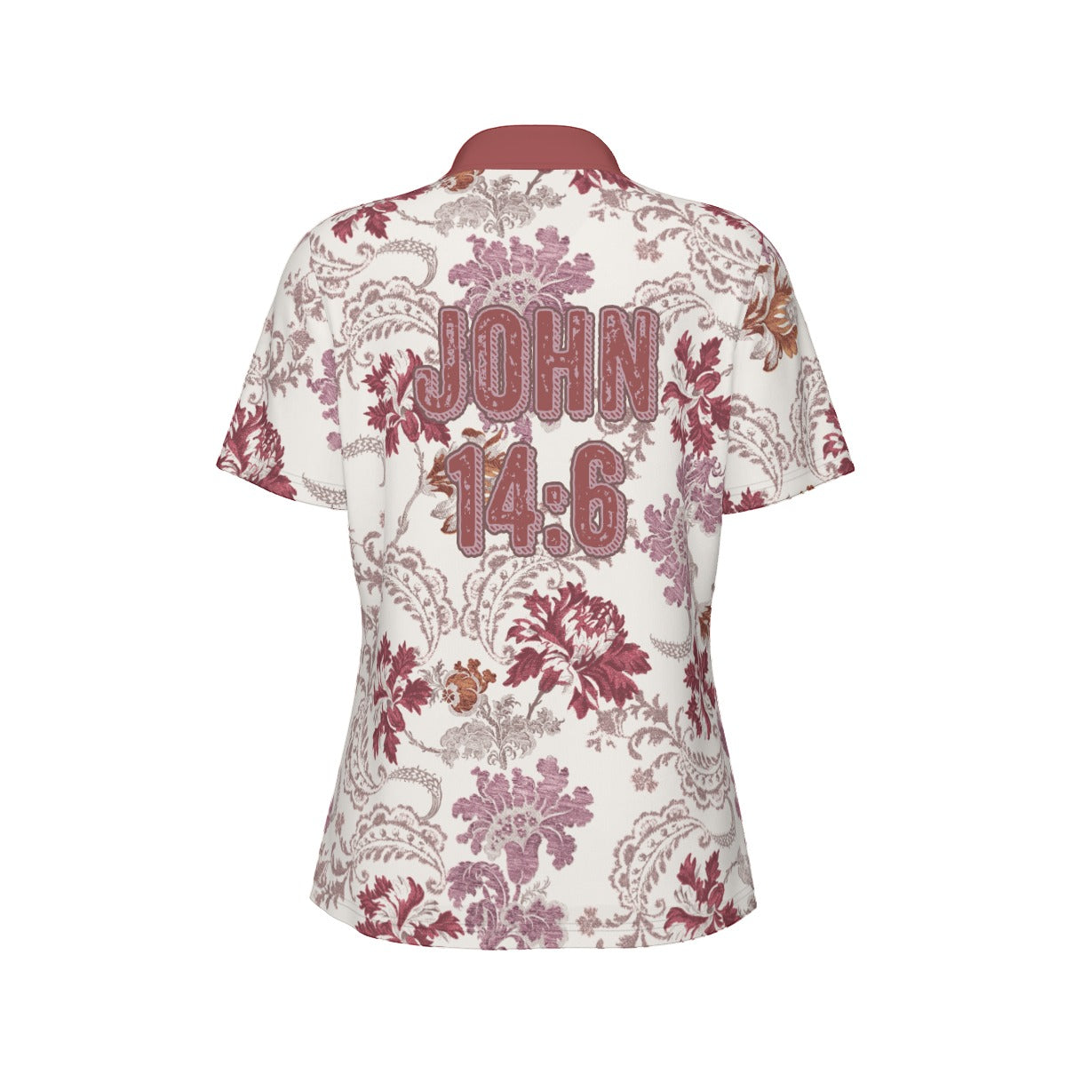 "John 14:6" Red & White Floral Print Women's Sports Polo Shirt with Stretch Fabric