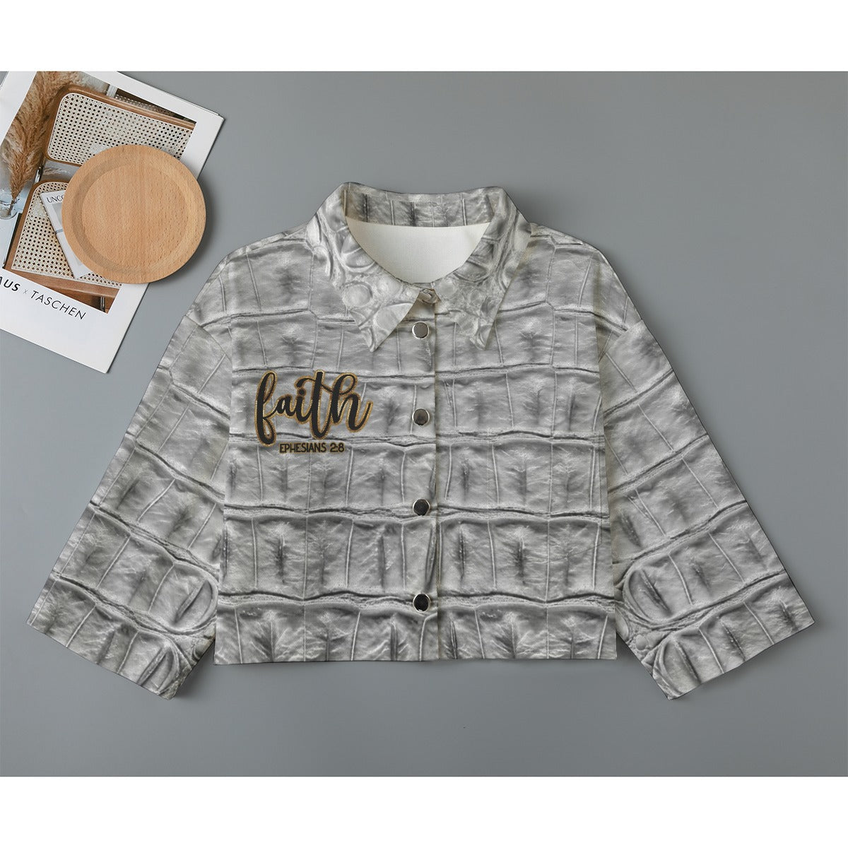 "Faith Ephesians 2:8" Gray Faux Alligator Women's Cropped Jacket | 245GSM Cotton