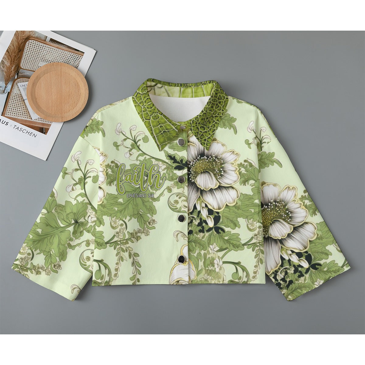 "Faith Ephesians 2:8" Lime Green Floral Women's Cropped Jacket | 245GSM Cotton